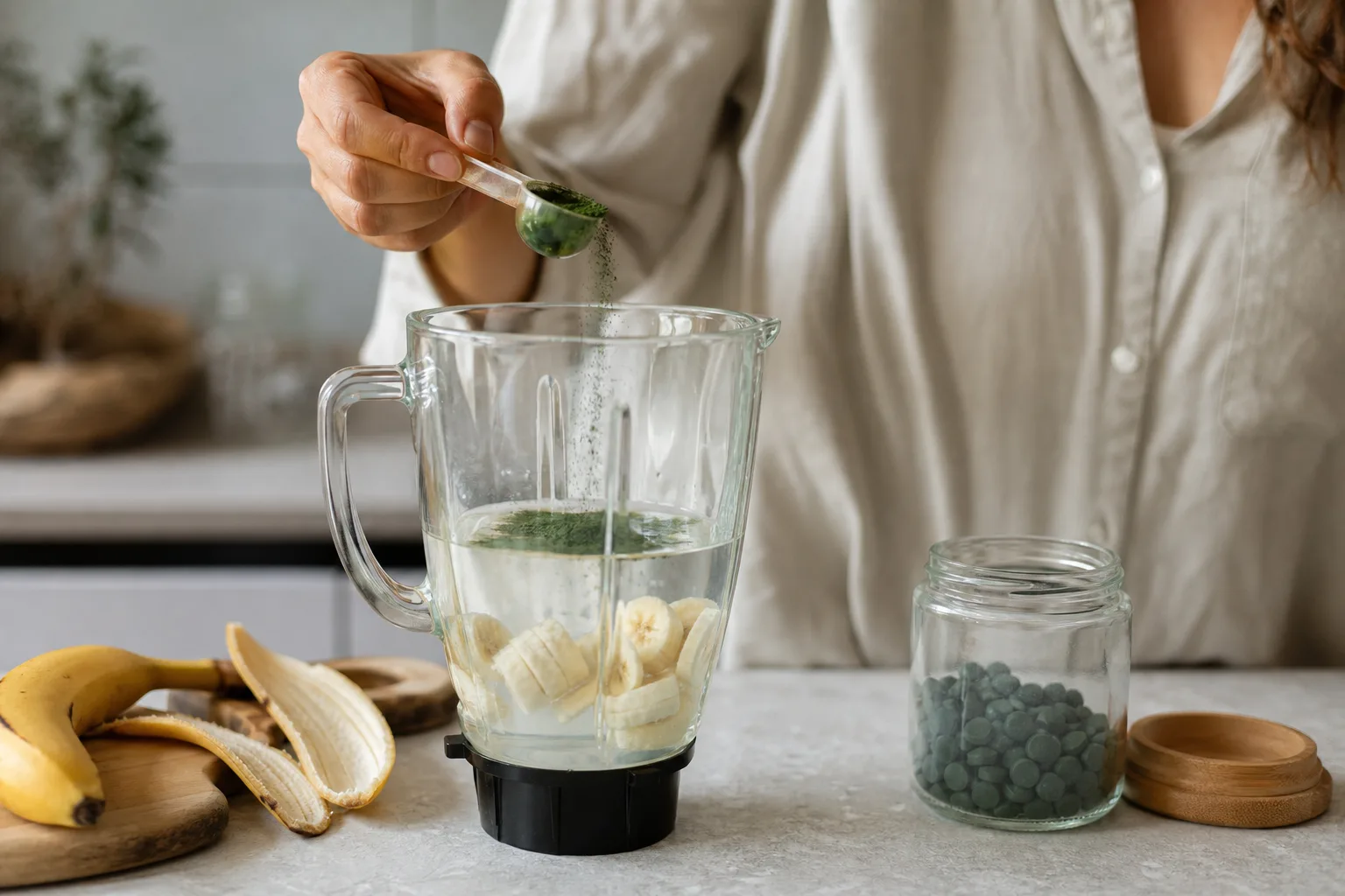 Világos konyhapulton egy kezdő felhasználó kis mérőkanállal kevés élénkzöld spirulina-port szór egy banánnal és vízzel félig telt turmixgépbe; mellette egy jelöletlen, nyitott üvegben spirulina-tabletták vannak.
