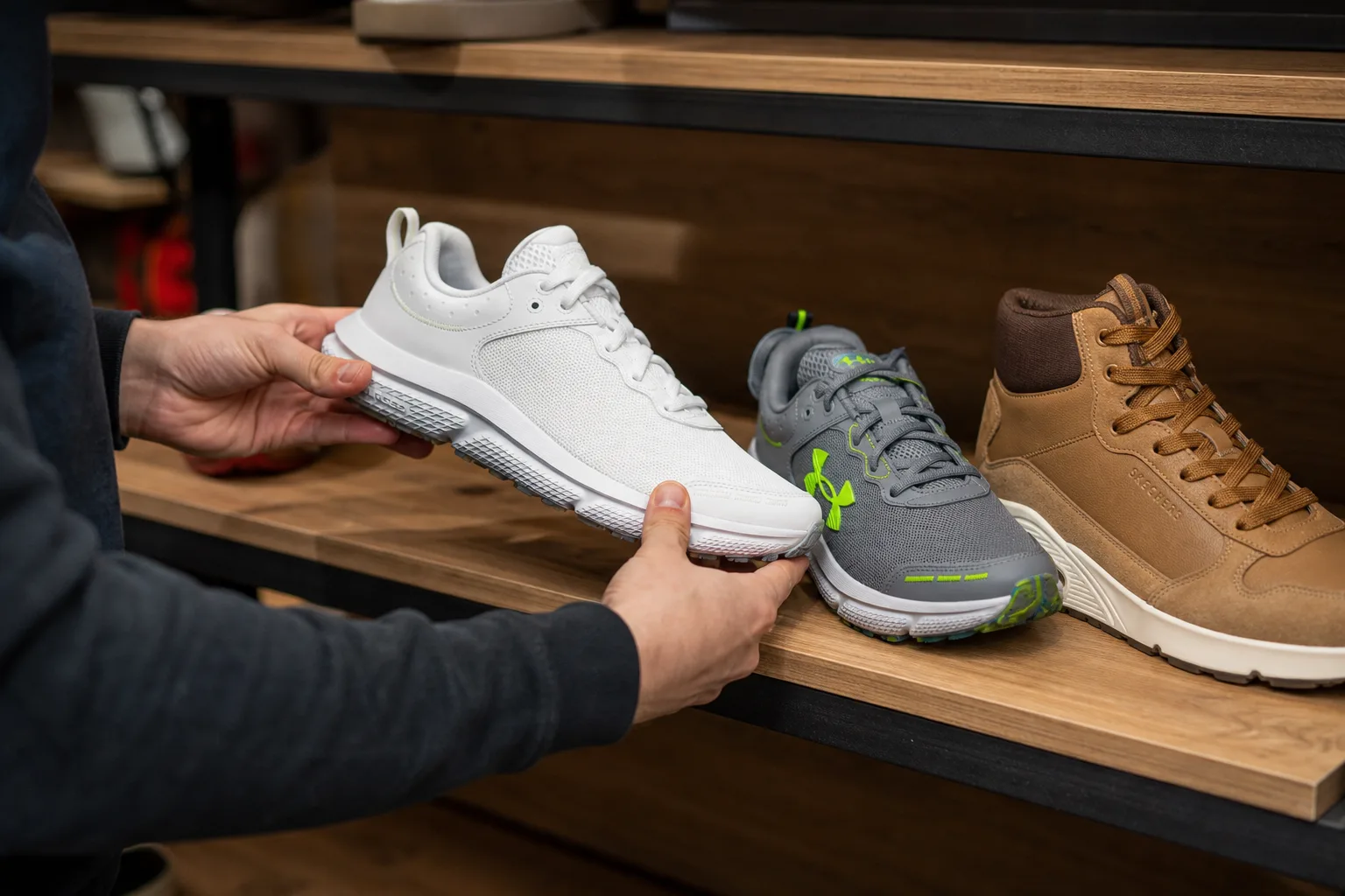 Outlet cipőüzlet fa polcán három különböző típusú, logó nélküli márkás jellegű cipő: fehér bőr sneaker, fekete futócipő és barna bokacsizma; egy vásárló kézbe veszi a bőr sneakert, miközben a másik két pár rendezetten mellette áll.