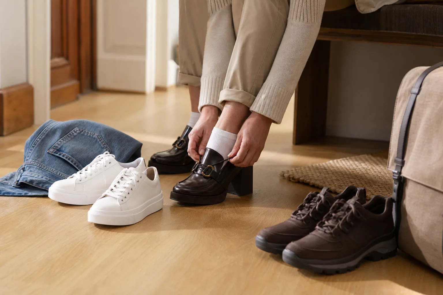 Reggeli lakásbejáratnál három pár logó nélküli cipő van külön helyzetben: egy fehér sneaker farmernadrág mellett, egy sötét bőr félcipő felhajtott szövetnadrág alatt, és egy terepesebb talpú kényelmes cipő hátizsák mellett; egy ember éppen beköti az aktív napokra szánt pár fűzőjét.