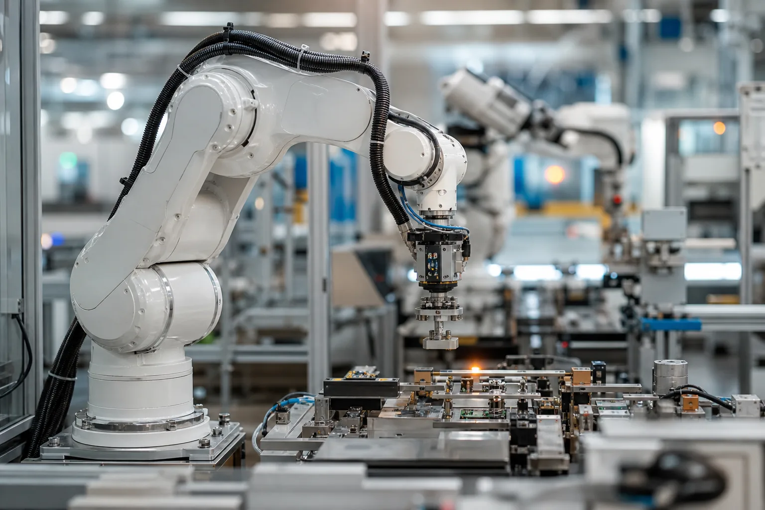 Egy modern gyár üzemcsarnoka, ahol robotkarok automatizáltan szerelik össze az elektronikai alkatrészeket, a háttérben gépek és szerszámok láthatók.