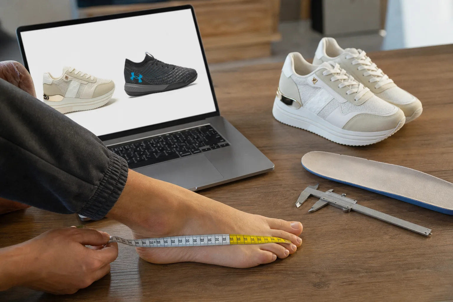 Egy faasztalon egy laptop mellett egy ember mérőszalaggal leméri a saját talpát, a közelben tolómérő, egy cipő belső talpbetétje és egy pár sportcipő látható, a képernyőn csak termékfotó-szerű cipőképek vannak szöveg nélkül.