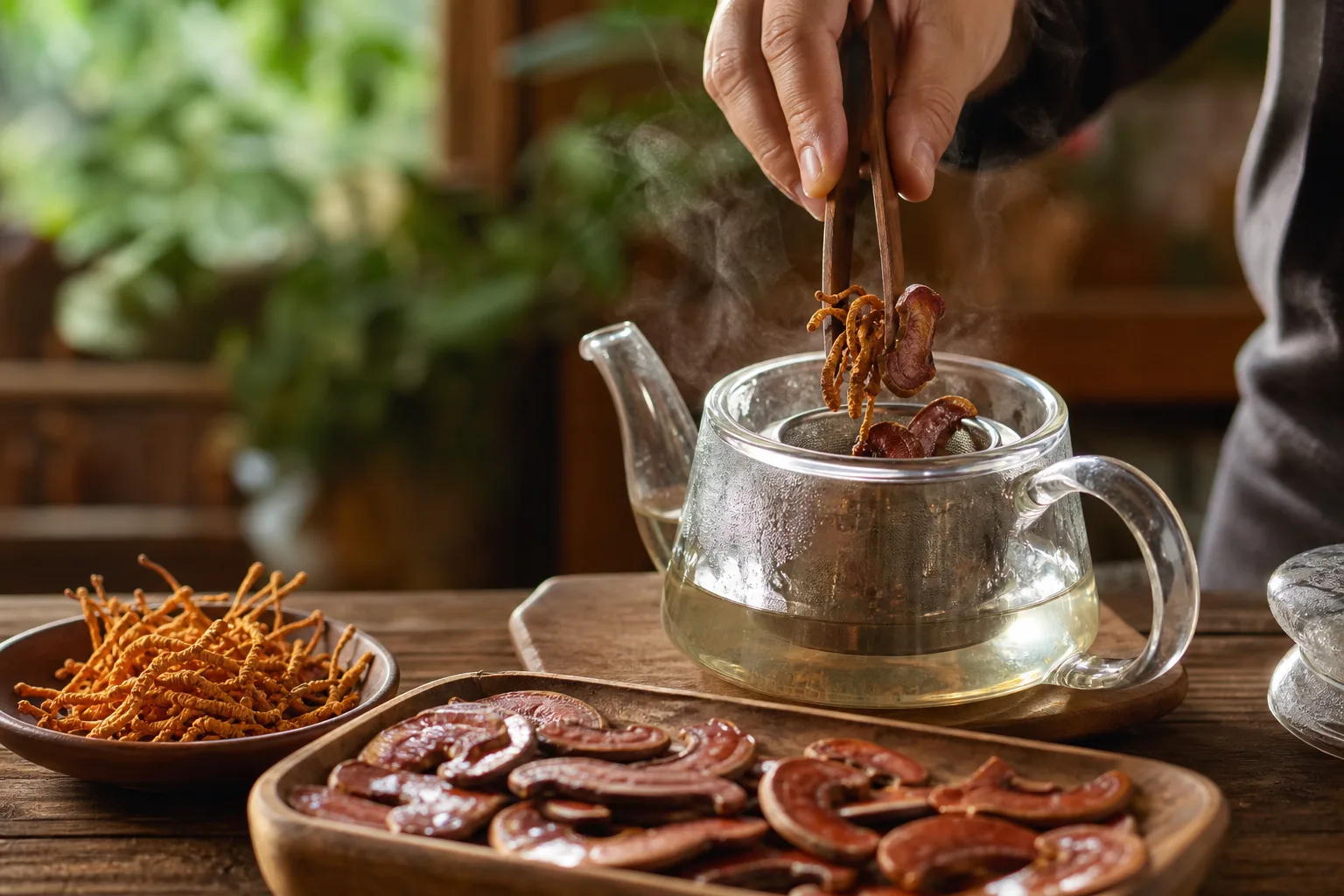 Fa konyhaasztalon egymás mellett egy szárított cordyceps csomó és fényes, vörösbarna ganoderma szeletek fekszenek, mellettük üveg teáskanna gőzölög, miközben egy kéz csipesszel mindkét gombából a kanna szűrőjébe helyez néhány darabot.