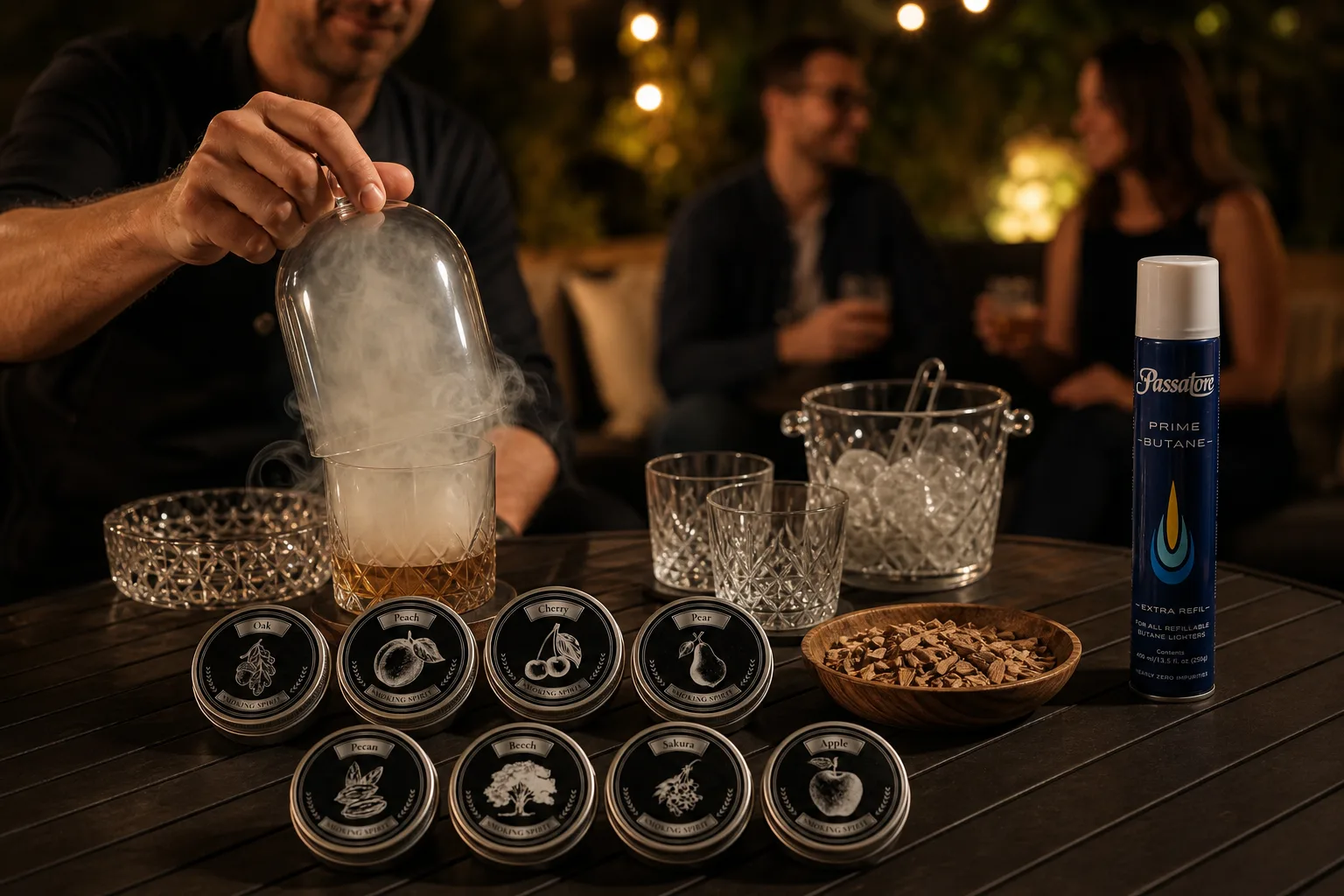 Otthoni esti teraszon egy kis asztalon whiskeyspoharak, jégvödör, faaprítékos tálka és kompakt koktélfüstölő látható; egy vendéglátó éppen leemeli az üvegbúrát a füsttel telt pohárról, miközben a háttérben meleg fényű kerti lámpák és ülő társaság körvonalai látszanak.
