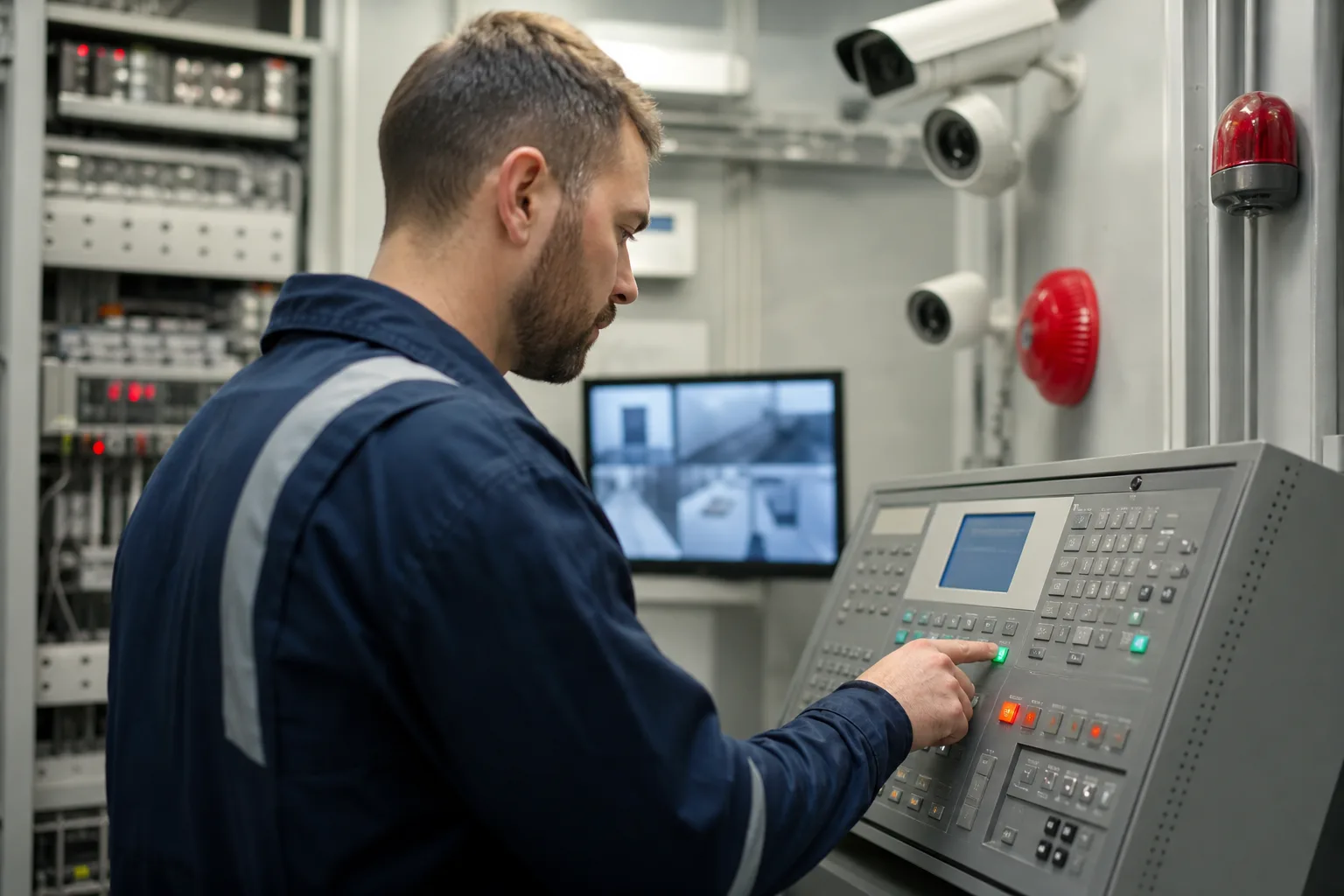 Egy technikus, aki egy automatizált vezérlőpulton ellenőrzi a biztonsági rendszert, a háttérben figyelőkamerák és vészjelzők láthatók.