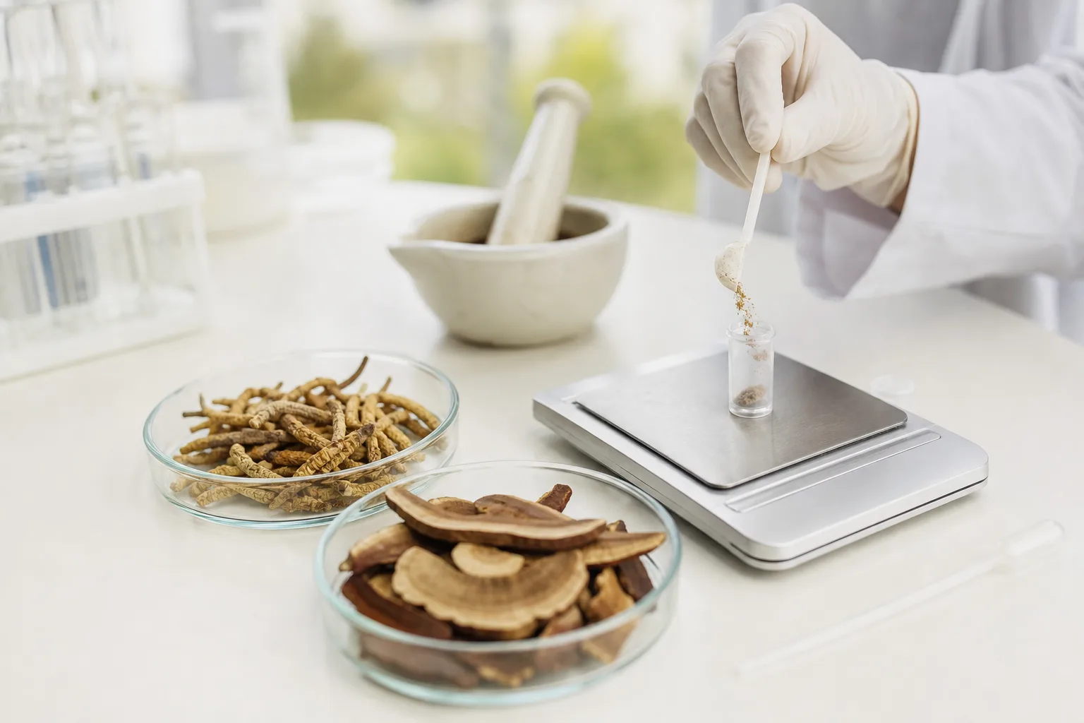 Világos laborasztalon két külön üvegtálkában szárított cordyceps és ganoderma darabok láthatók, mellettük mérleg, mozsár és pipetta, miközben fehér kesztyűs kéz finom gombaport szór egy kis átlátszó mintatartóba.