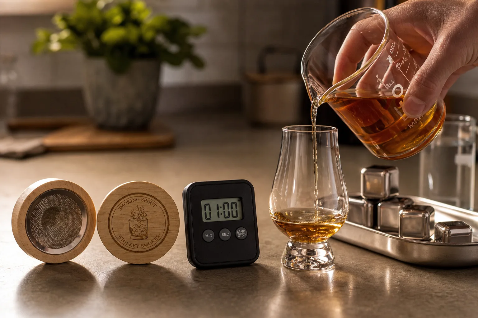 Konyhai pulton mérőpohár, stopperóra, keskeny szájú kóstolópohár és egy kis füstölőbúra áll egymás mellett, miközben egy kéz pontosan kimért whiskey-adagot önt a pohárba, a háttérben tálcán jégkockák és víz látszik.