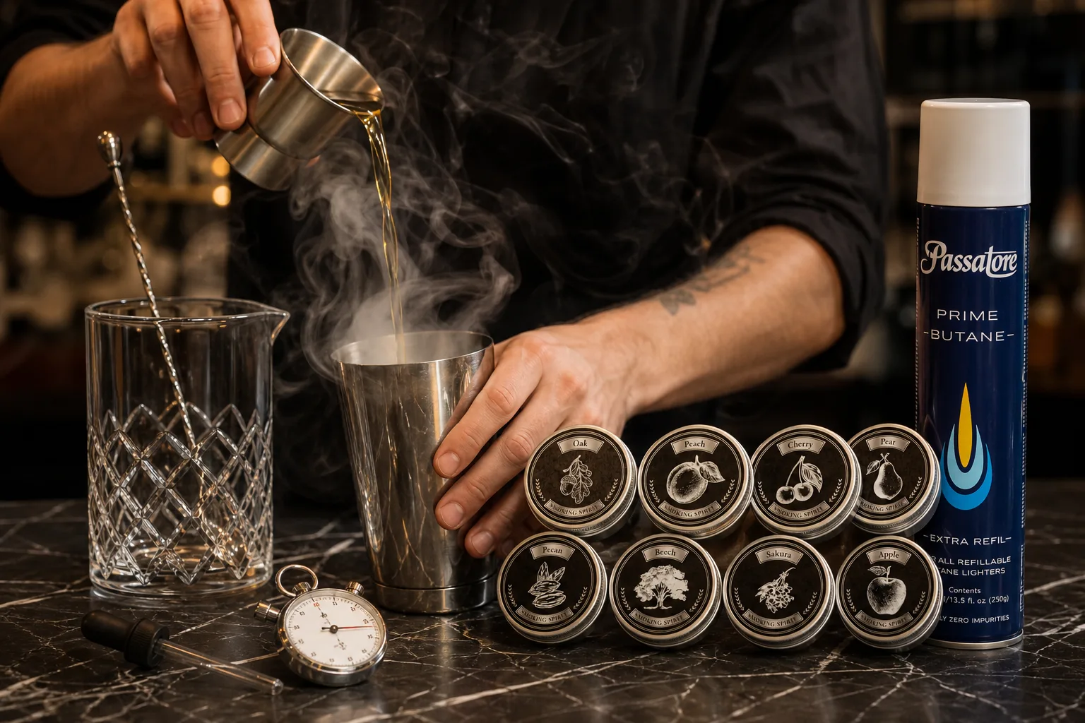 Márvány munkalapon mérőpohár, jigger, cseppentő, kanál és stopperóra hever egy sor előkészített alapanyag mellett; egy bartender pontosan kimért szirupot önt shakerbe, miközben a pohár fölött vékony füstréteg gomolyog.