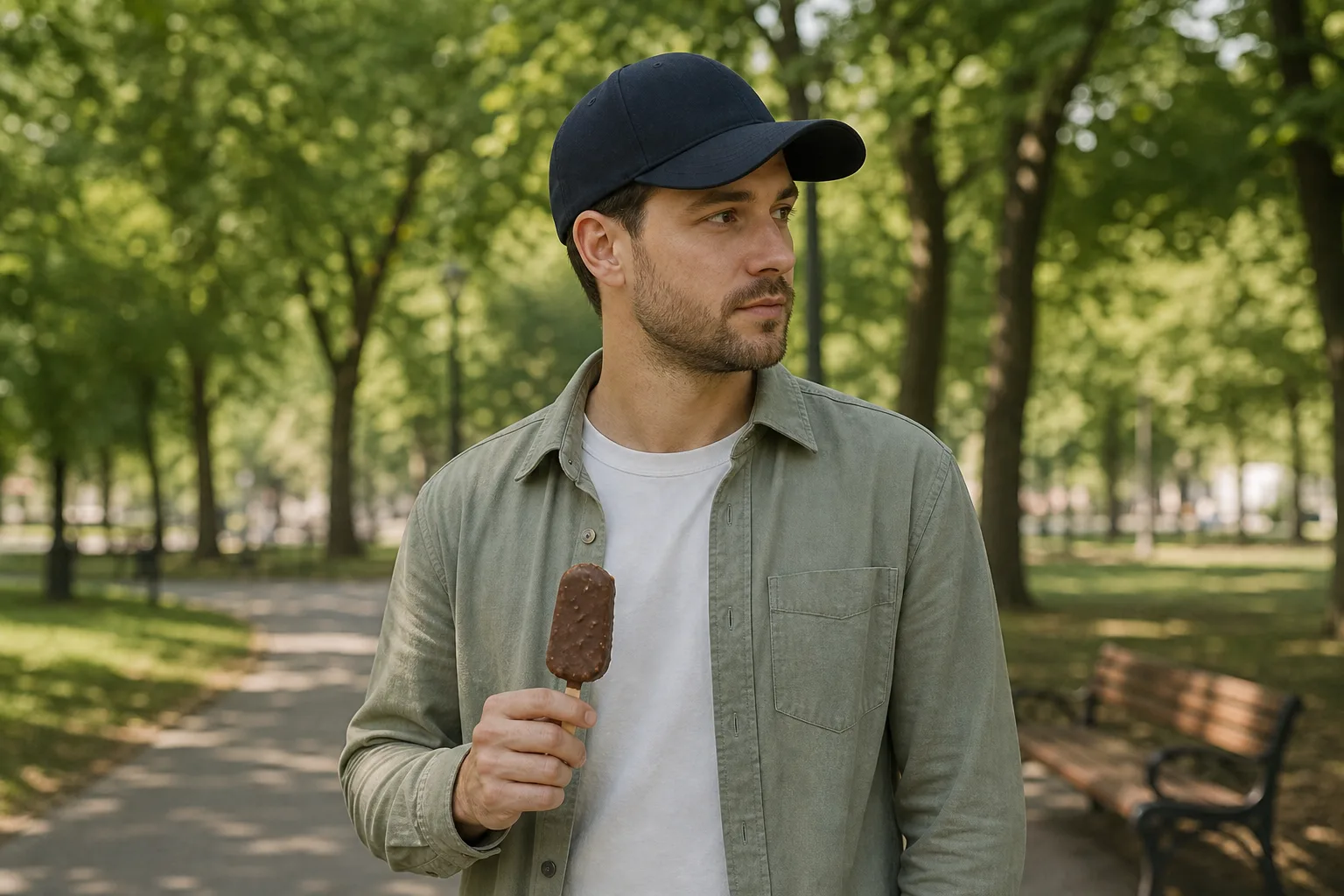 Egy férfi a parkban sétál, miközben egy baseball sapkát visel, a kezében egy jégkrém van, a háttérben fák és padok láthatók.
