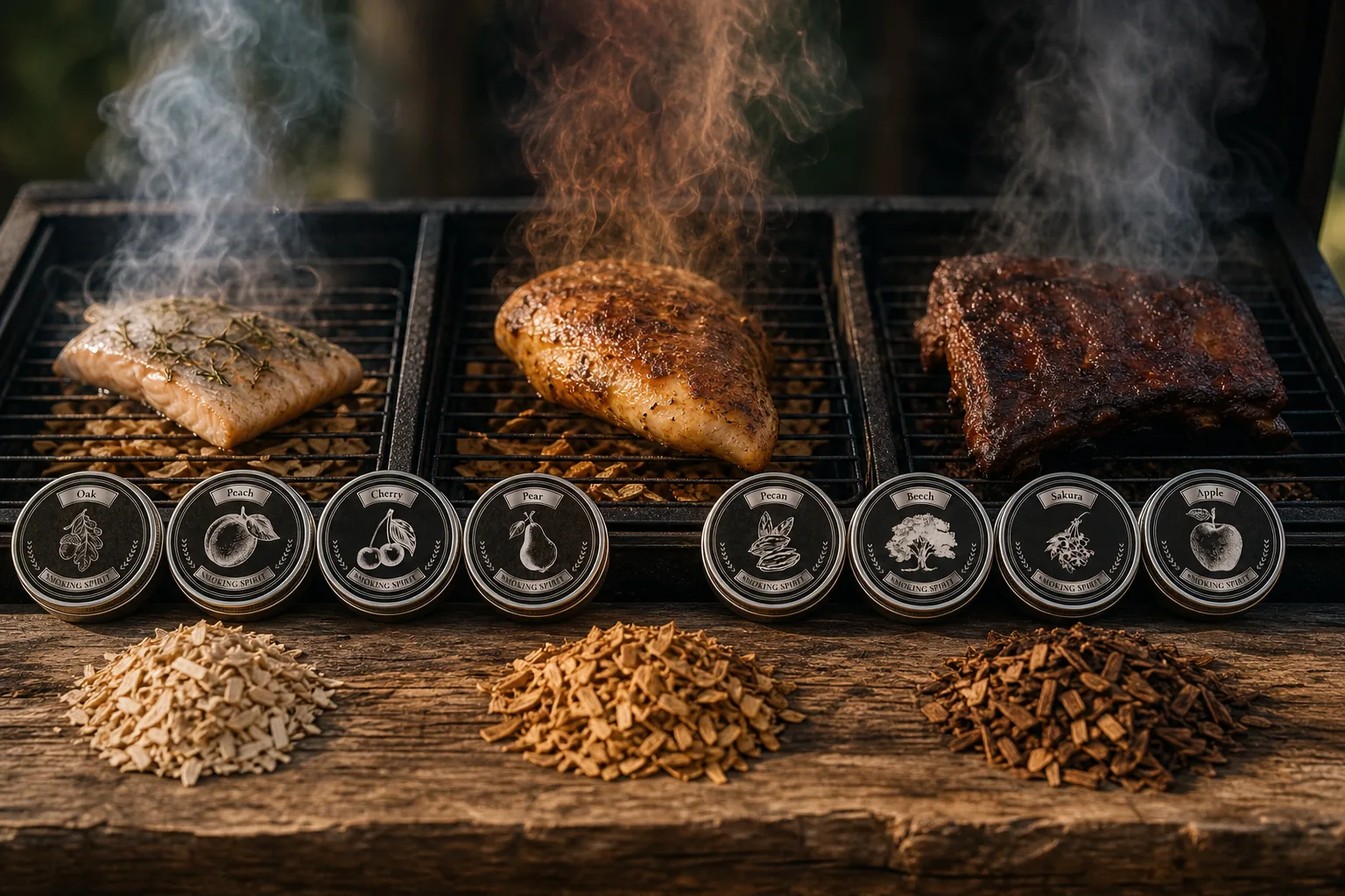 Három külön grillrácson készülő étel egymás mellett: halfilé világos faapríték füstjén, csirke aranybarna füsttel, marhaoldalas sötétebb, erősebb füstben; az előtérben három külön kupac faapríték látható egy durva fa vágódeszkán.