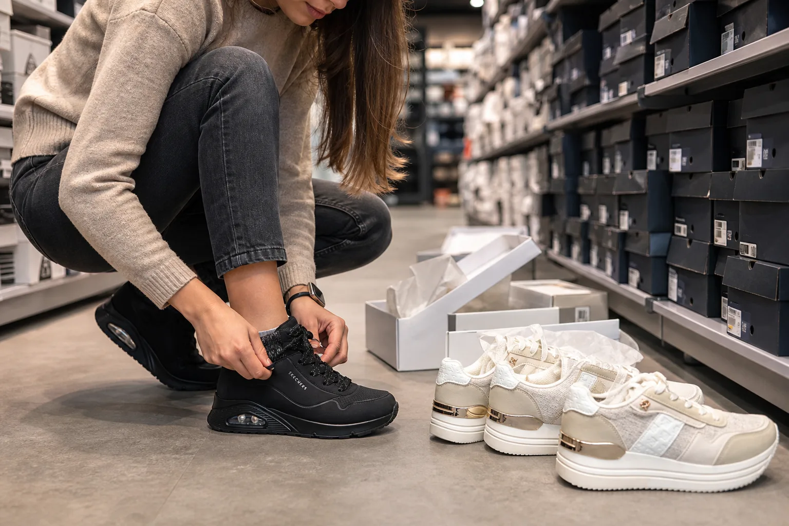 Egy tágas cipőoutlet raktárszerű polcsora előtt egy vásárló guggolva felpróbál egy bőrből készült sportcipőt, mellette nyitott, felirat nélküli cipősdobozok és több különböző fazonú márkás jellegű, logó nélküli cipő sorakozik.