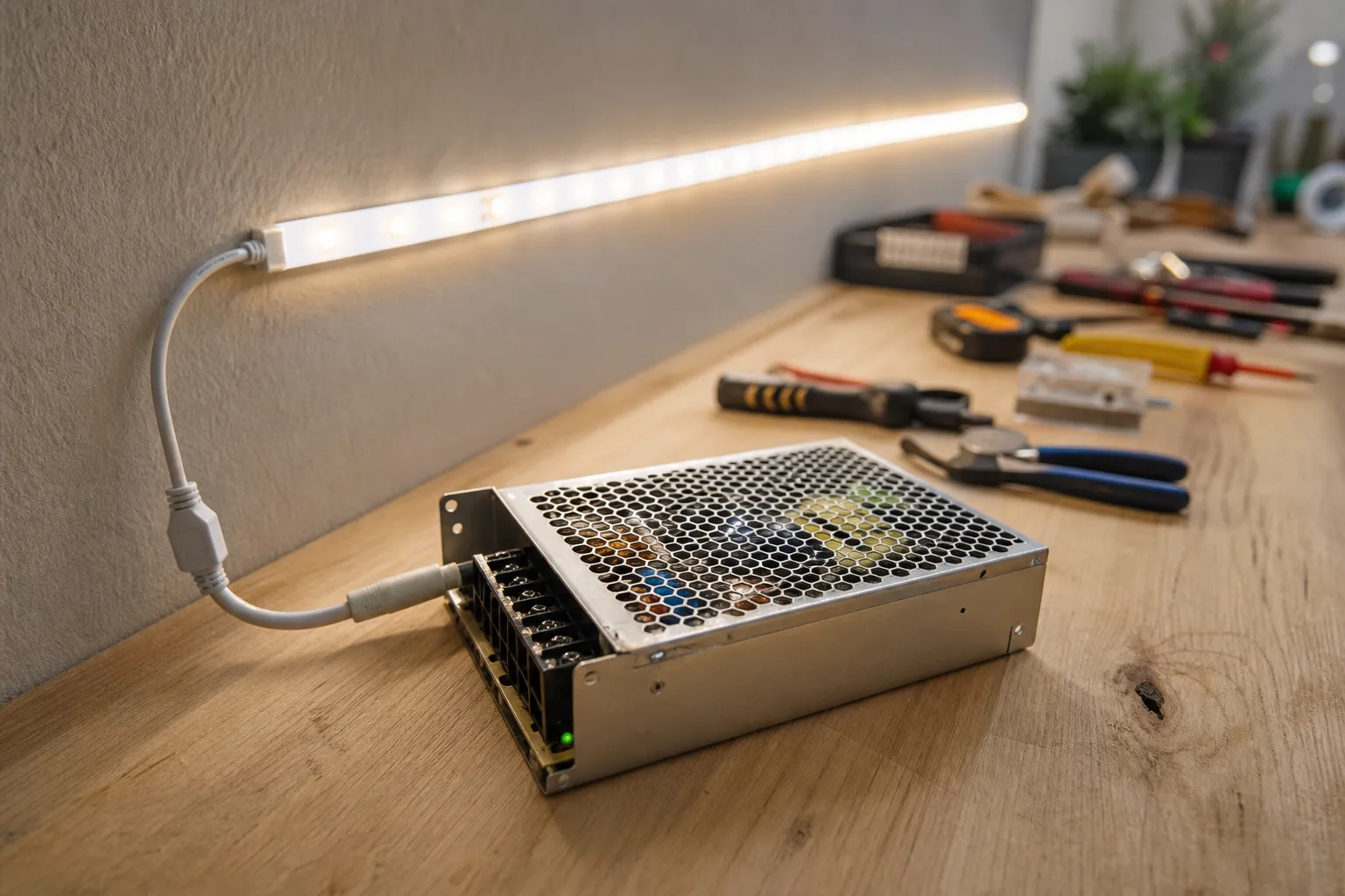 Egy LED szalag, amely a falra van rögzítve, a tápegység csatlakozása látható, a háttérben pedig egy szerszámokkal teli munkaasztal.