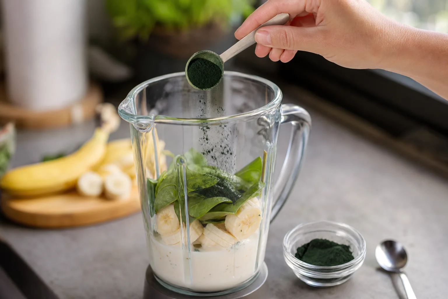 Közeli kép egy konyhai mérőkanálról, benne kevés sötétzöld spirulina porral, ahogy egy kéz óvatosan a turmixgép kancsójába szórja; a kancsóban szeletelt banán, zabtej és spenót látszik, mellette tiszta teáskanál és egy kis üvegtál további porral.