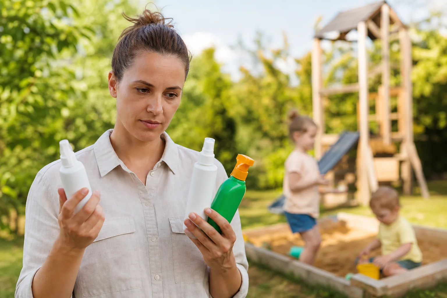 Egy szülő a kertben áll, kezében különböző rovarriasztó spray-k, miközben a gyerekek játszanak a háttérben.