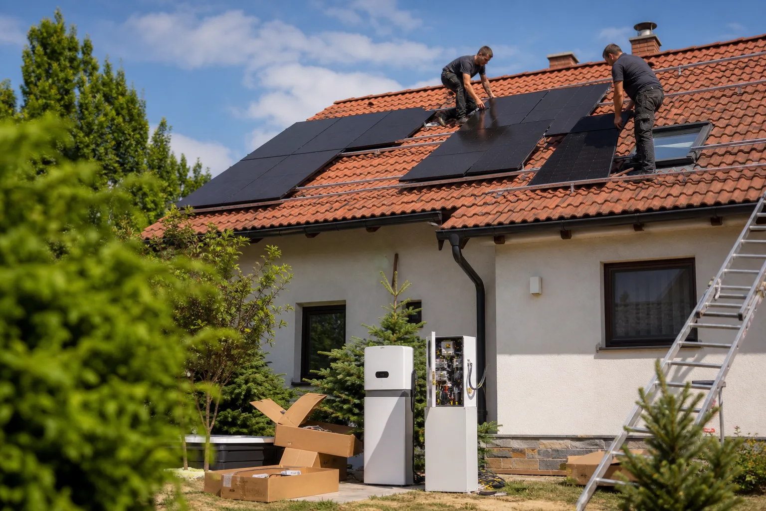 Családi ház piros cseréptetőjén két szerelő fekete napelem paneleket igazít a sínekre, az udvaron hibrid inverter és akkumulátoros egység áll nyitott dobozok mellett, napos délelőtti fényben.