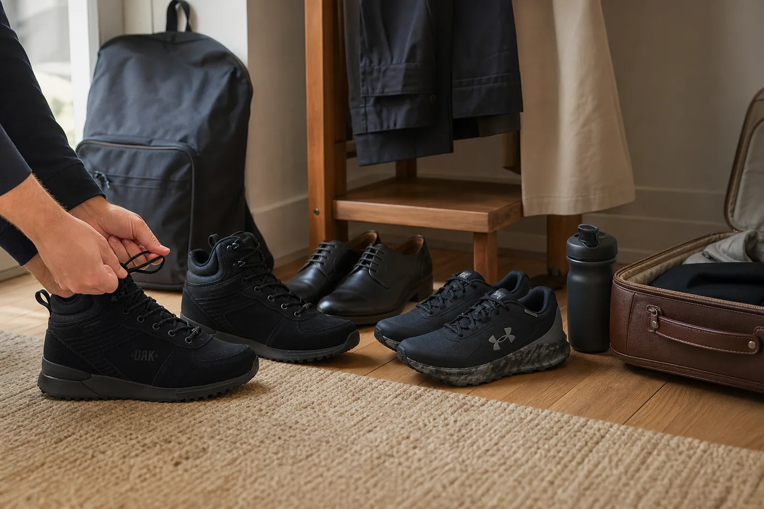 Egy előszobában négy külön helyzethez kikészített cipőpár látható: kényelmes sneaker hátizsák mellett, elegáns bőrcipő vállfa alatti nadrággal, futócipő sportkulaccsal, valamint könnyű utazócipő nyitott bőrönd mellett; egy kéz épp a sneaker fűzőjét köti.
