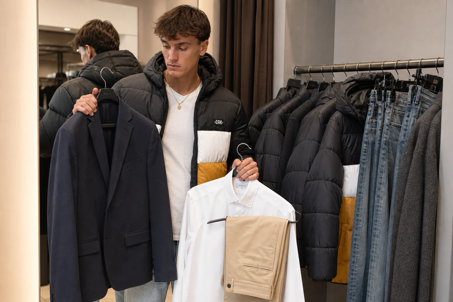 Egy vásárló egy outlet üzlet próbafülkéje melletti tükörnél sötétkék blézert, fehér inget és bézs chino nadrágot tart maga elé, a közeli ruhasínen egyszínű kabátok, farmerek és kötött pulóverek lógnak vállfákon.