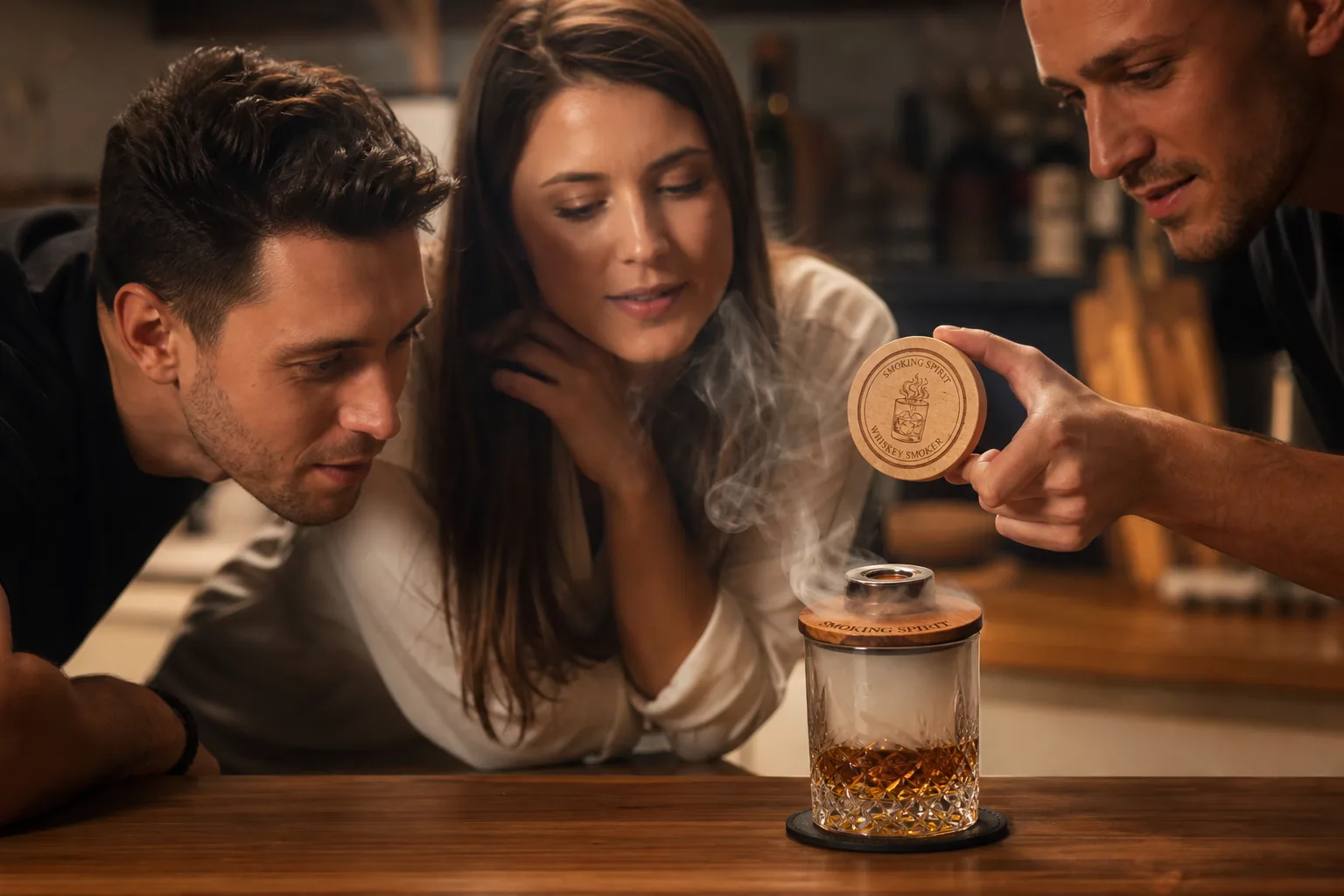 Otthoni bárpulton egy vastag talpú whiskys pohár borostyánszínű itallal, rajta üveg füstkupola; egy kéz kis tölgyfa füstölőt tart fölé, miközben mellette két vendég közel hajol és az illatot figyeli.