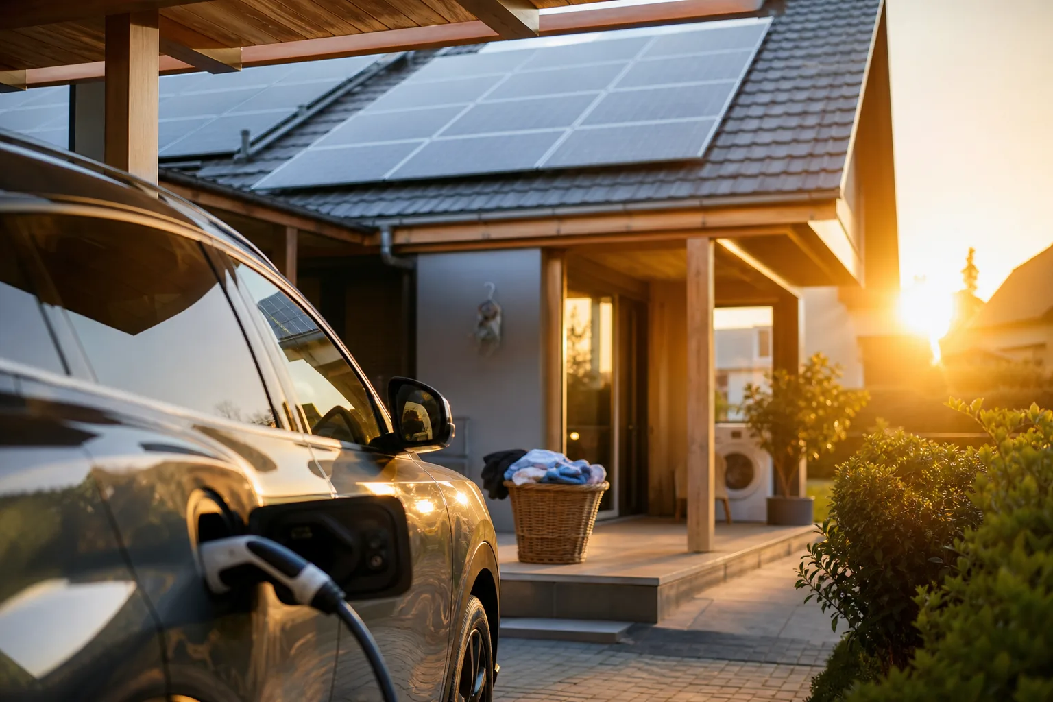 Déli fekvésű családi ház tetőjén napelemsorok vannak, az előtérben elektromos autó töltődik a kocsibeállón, a teraszon mosógéphez készített ruháskosár áll, miközben a nap alacsonyan süti a tetőt.