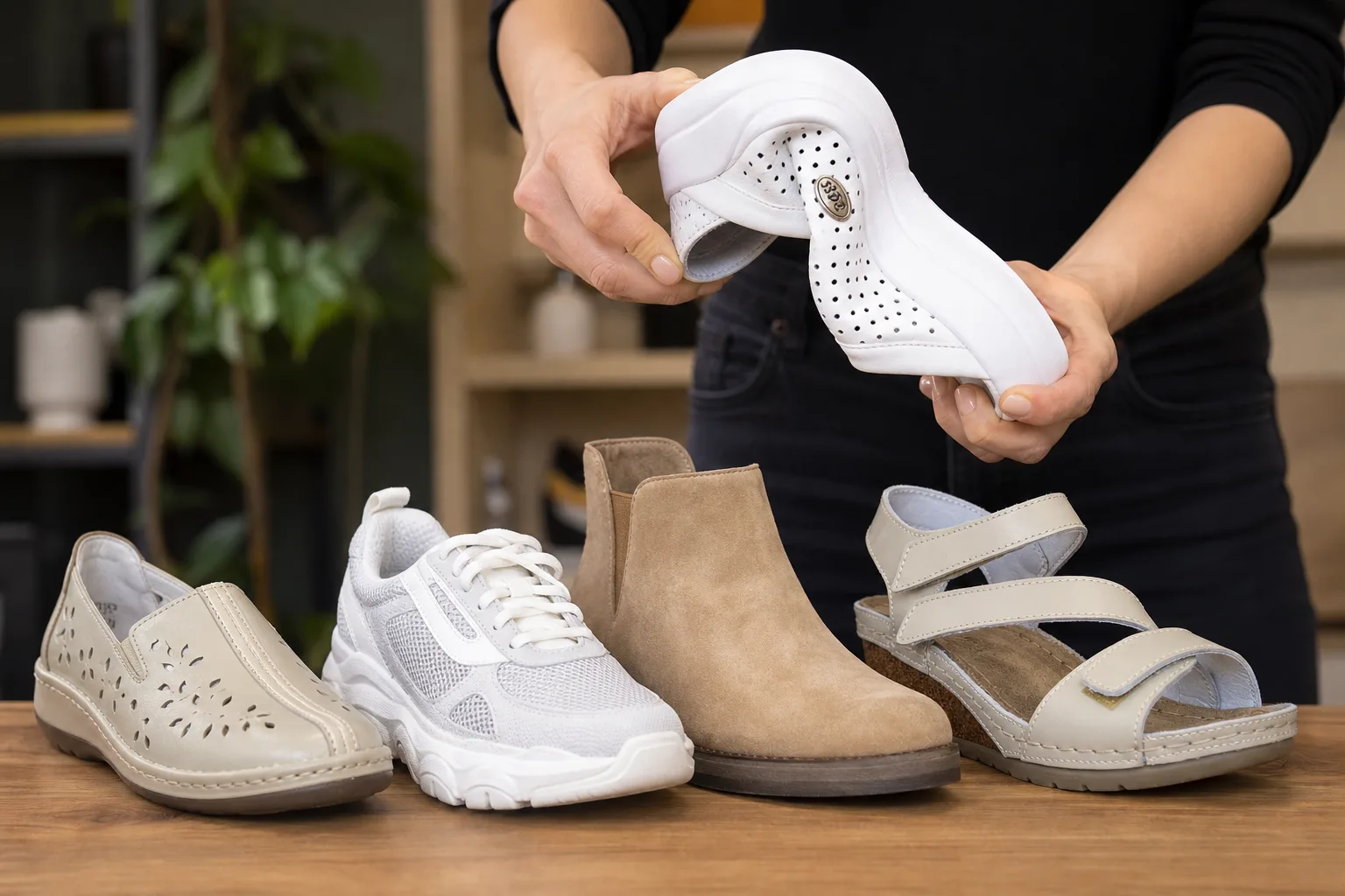 Fa asztalon egymás mellett négy különböző kivitelű logó nélküli outlet cipő: bőr loafer, hálós futócipő, velúr bokacsizma és vastag talpú utcai sneaker; egy eladó az egyik cipő talpát meghajlítja, miközben a többi pár anyaga, varrása és talpszerkezete jól látható.