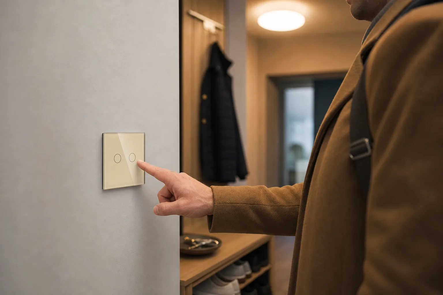 Előszobai falon felszerelt üveg érintőkapcsolót érint meg egy hazaérkező ember kabátban, a háttérben cipőtartó, kulcstál és felkapcsolódó mennyezeti lámpa fénye látszik.