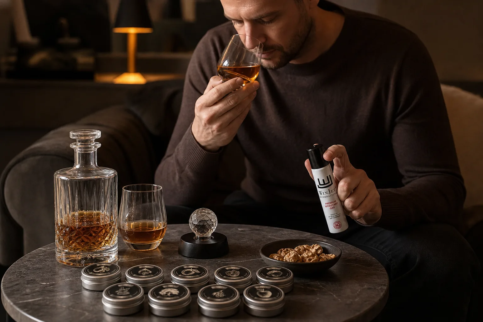 Este, kanapé melletti kis asztalon címke nélküli whiskeypalack, félig töltött pohár, vízcseppentő, jéggömb és pörkölt dió kis kerámiatálban; a fotón egy ember ülve a poharat az orrához emeli, miközben a másik kezével a vízcseppentőt tartja.