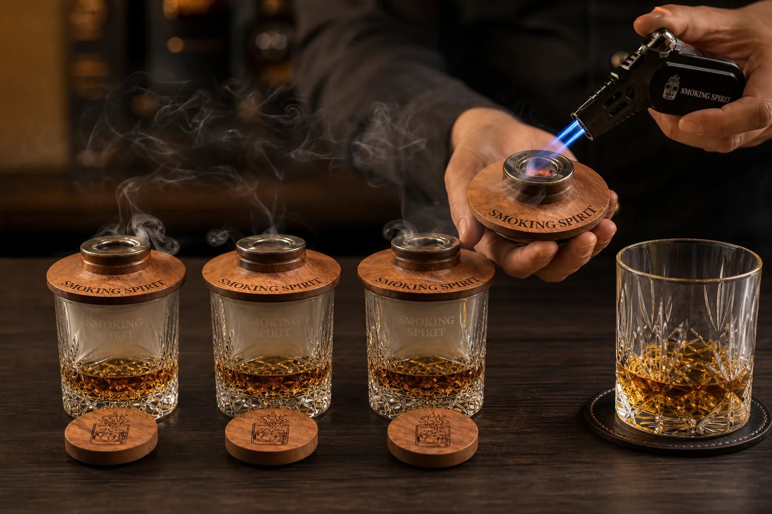 Sötét fa bárpulton három különböző whiskey füstölő készlet sorakozik egymás mellett; egy kéz a masszív fa füstölőfedőt és a hozzá tartozó kis fáklyát emeli ki közülük, mellette borostyánszínű whiskey vastag falú pohárban.
