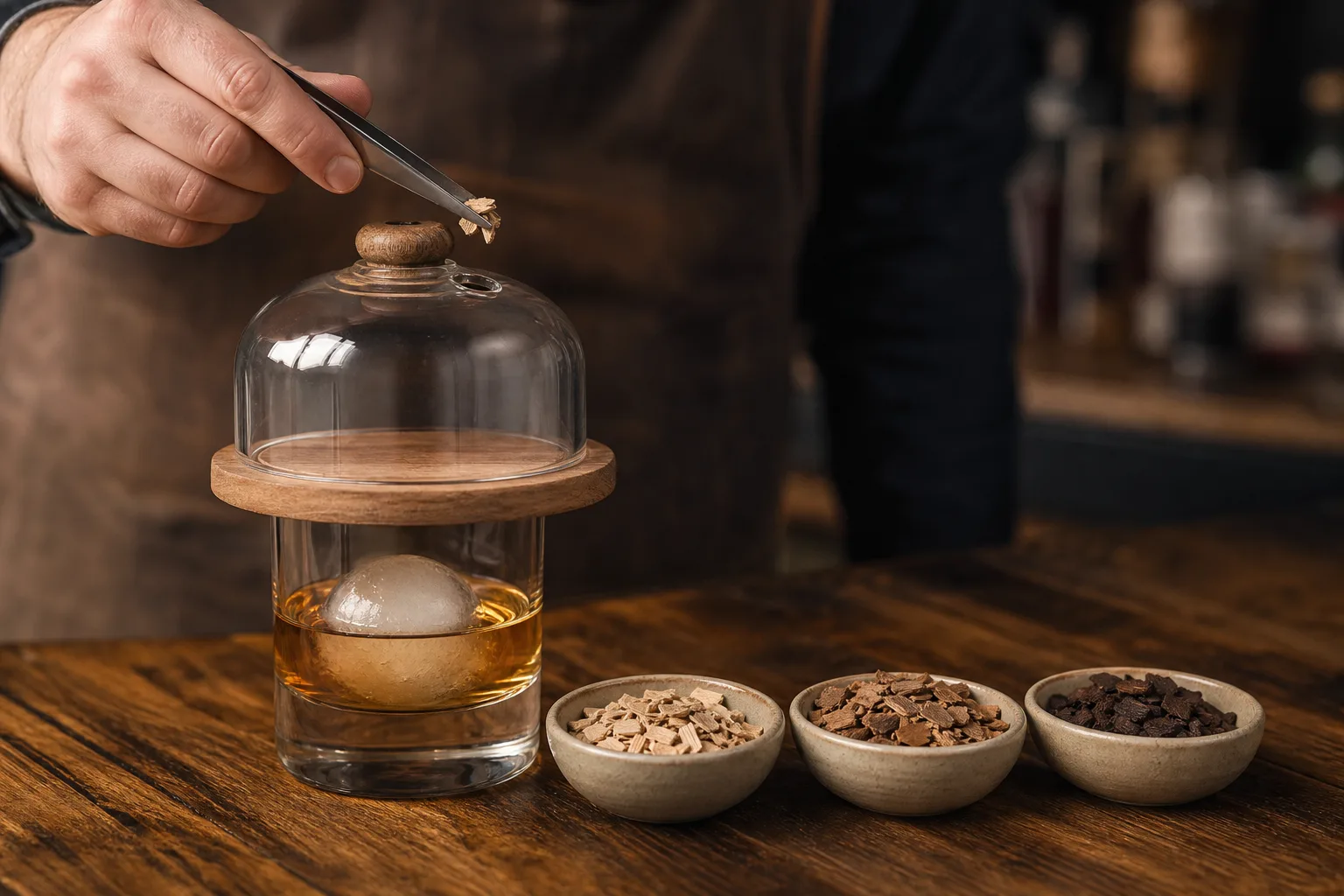 Közeli fotó egy tölgyfa asztalon álló, jéggömbös whiskys pohárról, mellette három kis jelöletlen kerámiatálban eltérő színű faaprítékkal; egy kéz csipesszel a középső tálból vesz aprítékot a pohár fölé helyezett füstölő kupola mellé.