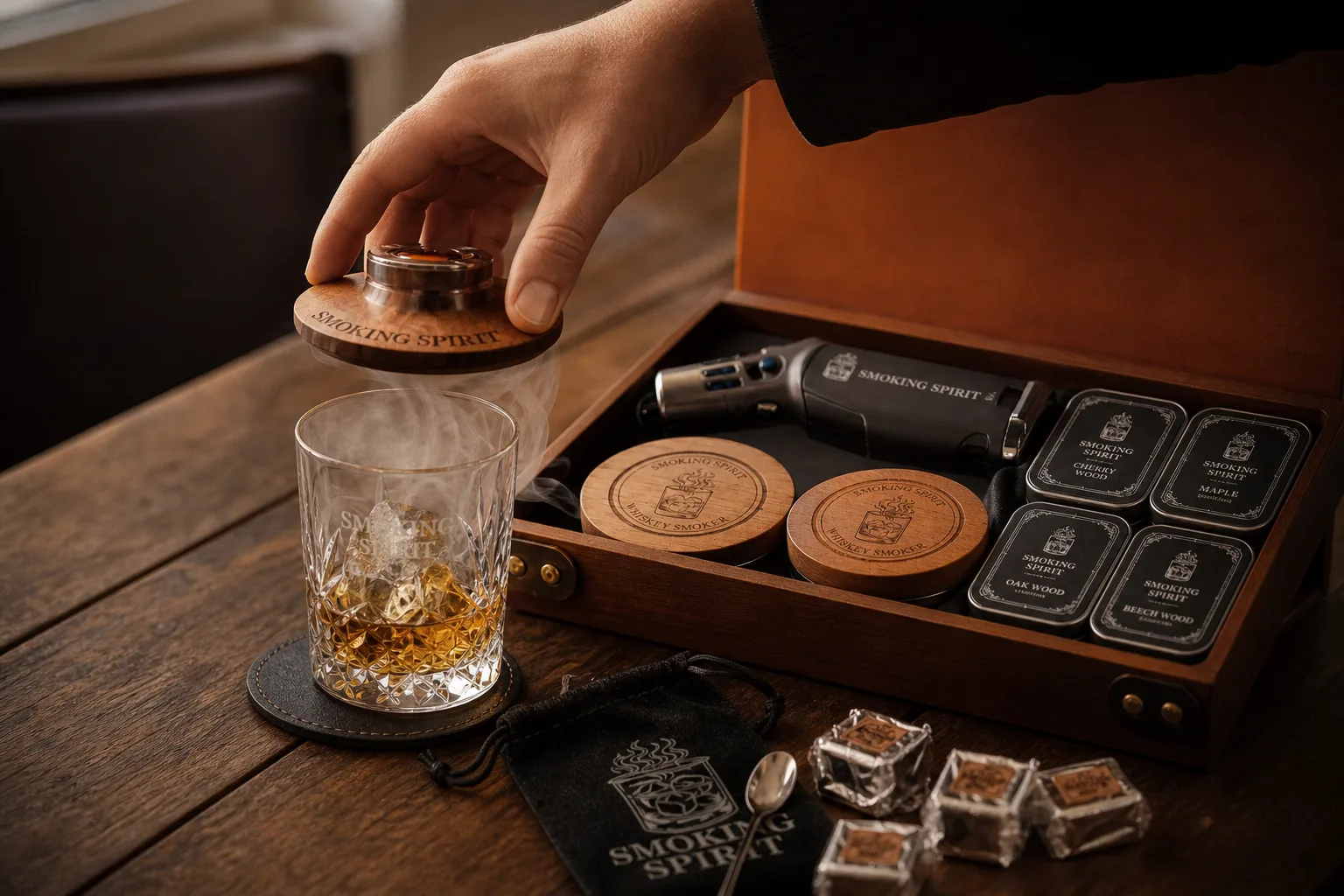 Elegáns étkezőasztalon egy ügyfél keze éppen leemel egy üveg füstkupolát egy whiskys pohárról, a pohárban jégkocka és borostyánszínű ital, mellette nyitott fa ajándékdobozban füstölőpisztoly, faforgácsos tégelyek és prémium csokoládék láthatók.