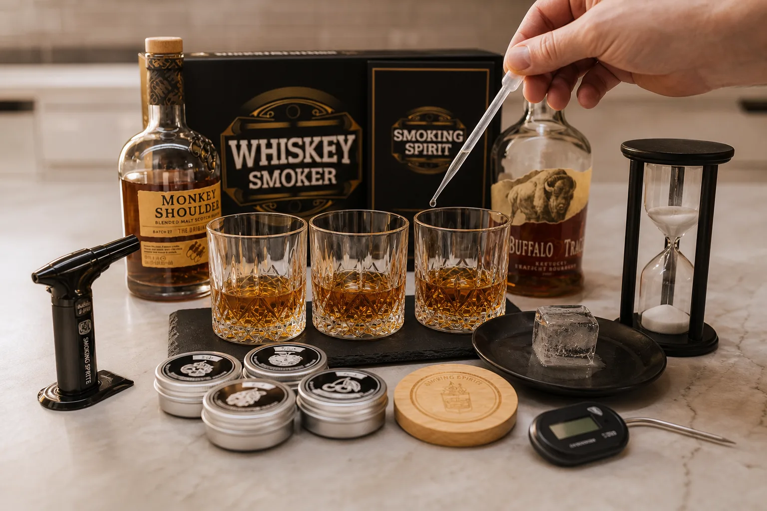 Konyhapulton kontrollált kóstolási összeállítás: három azonos pohárban ugyanannyi whiskey, mellettük jelölés nélküli üveg hőmérő, pipetta, olvadó jégkocka egy kis tányéron és homokóra; egy kéz pipettából egy csepp vizet enged az egyik pohárba.