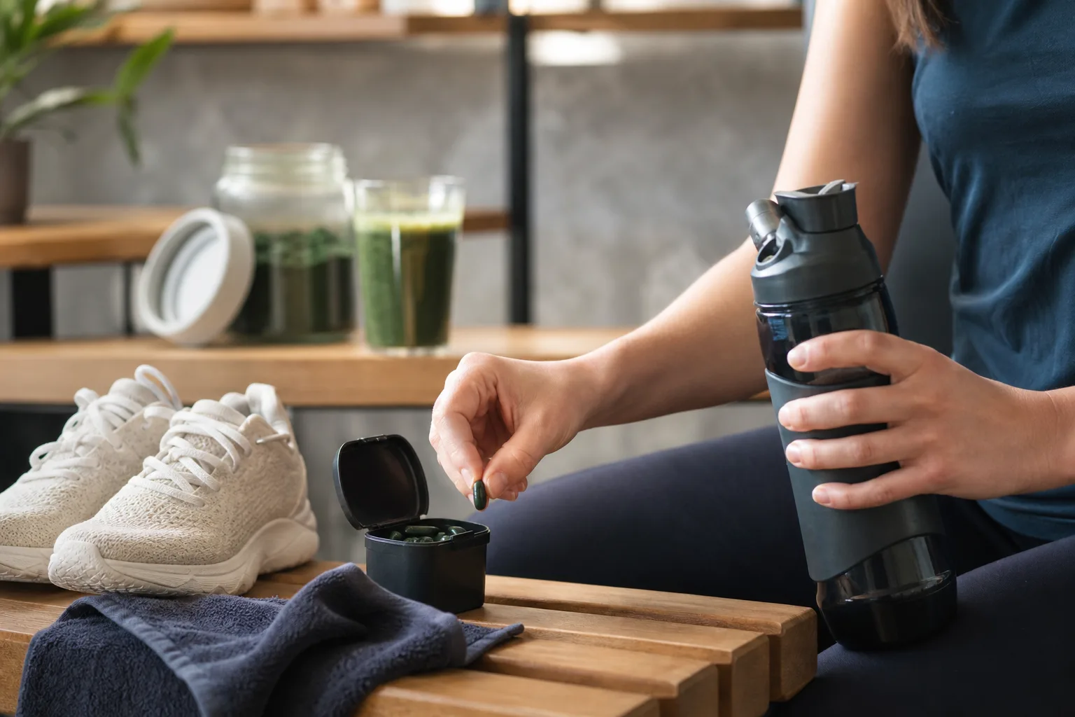 Edzés utáni öltözőpadon kulacs, tornacipő és törölköző mellett egy kis tablettatartó spirulina tablettákkal, a háttérben konyhai polcon nyitott spirulina poros üveg és smoothie-pohár; egy személy egyik kezével tablettát vesz ki, a másikkal a kulacsot tartja.