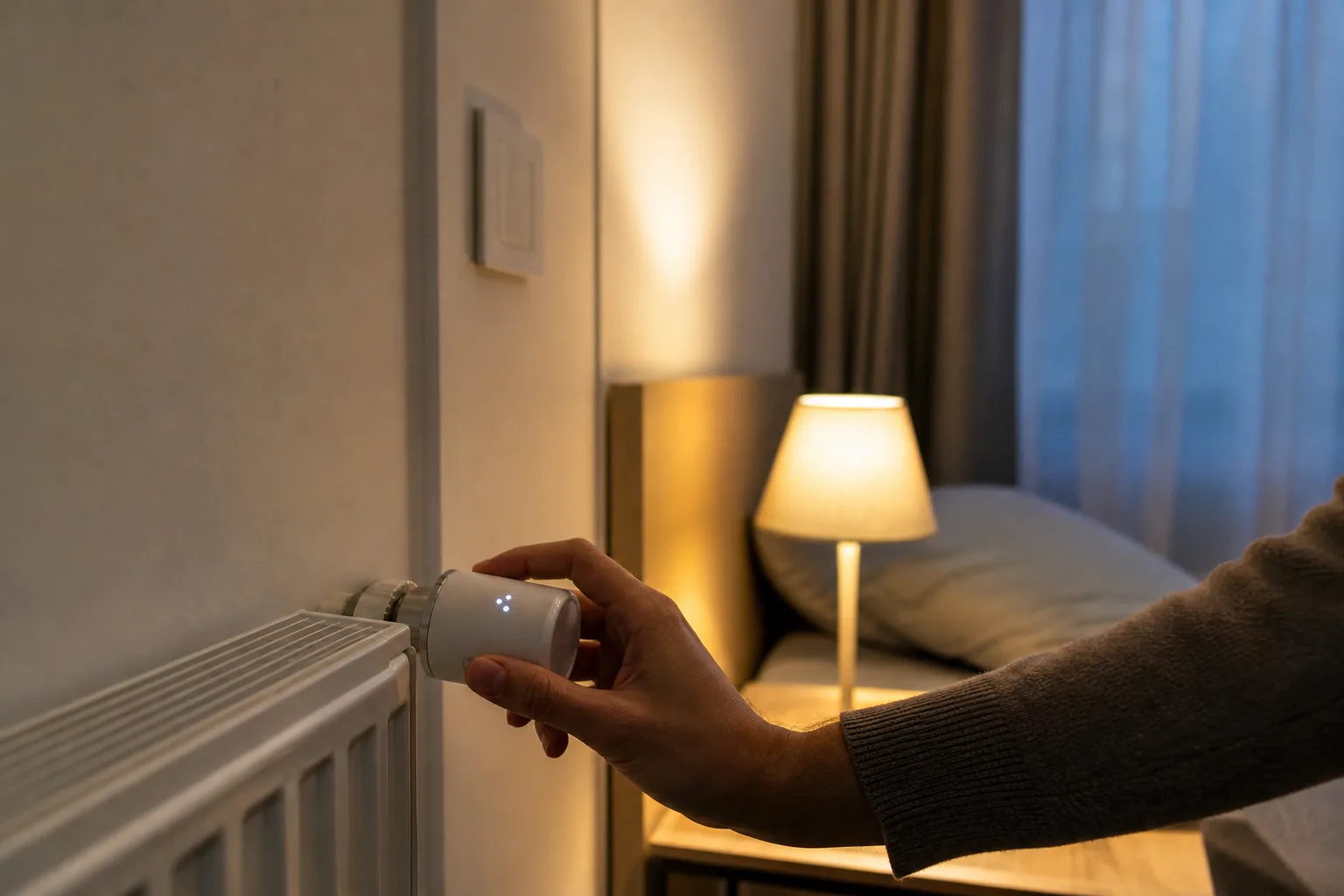 Esti hálószobában egy személy a radiátoron lévő okos termosztátfejet állítja, miközben az ágy melletti lámpa meleg fényre halványítva világít, a háttérben falra szerelt fénykapcsoló és félig behúzott függöny látszik.