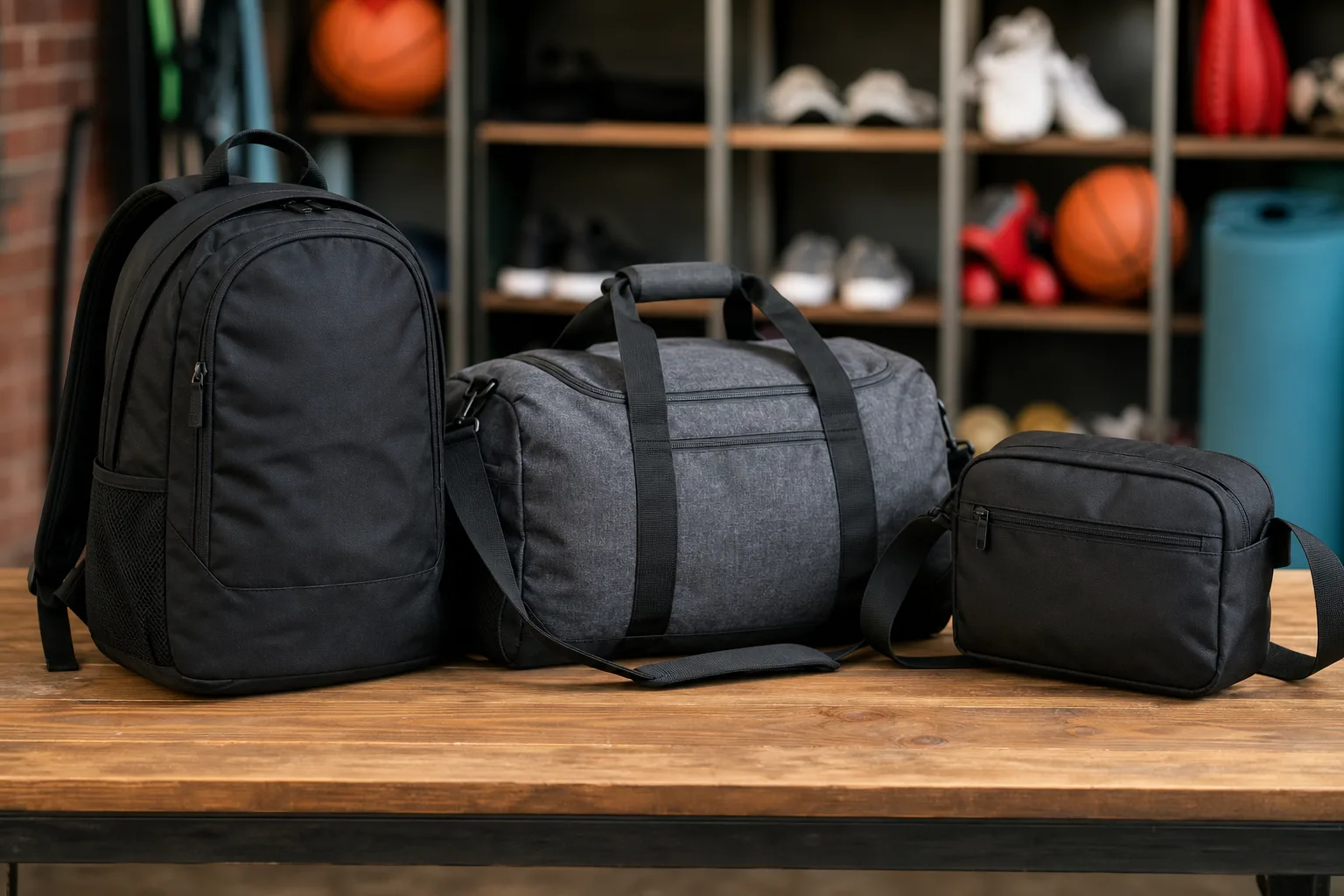 Egy sporttáska különböző típusai, mint például hátizsák, duffel táska és oldaltáska, egy asztalon, háttérben sportfelszerelések, mint labdák és cipők.