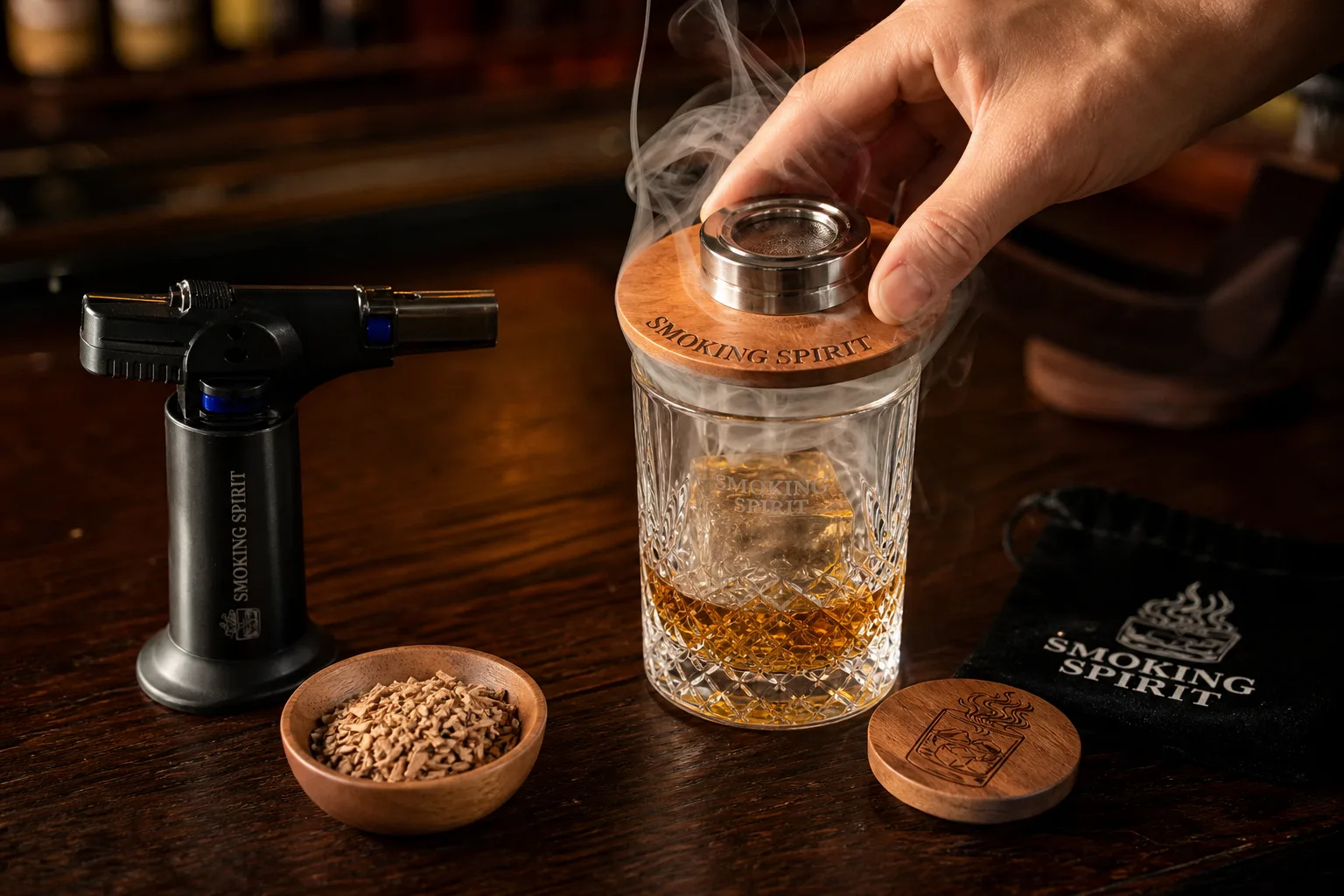 Sötét fa bárpulton egy vastag talpú whiskys pohár áll jégkockával, mellette tölgyfaforgáccsal teli kis tálka, rozsdamentes acél füstölőfej és kézi fáklya; egy kéz éppen ráhelyezi a füstölőt a pohár tetejére, miközben vékony füst száll fel.