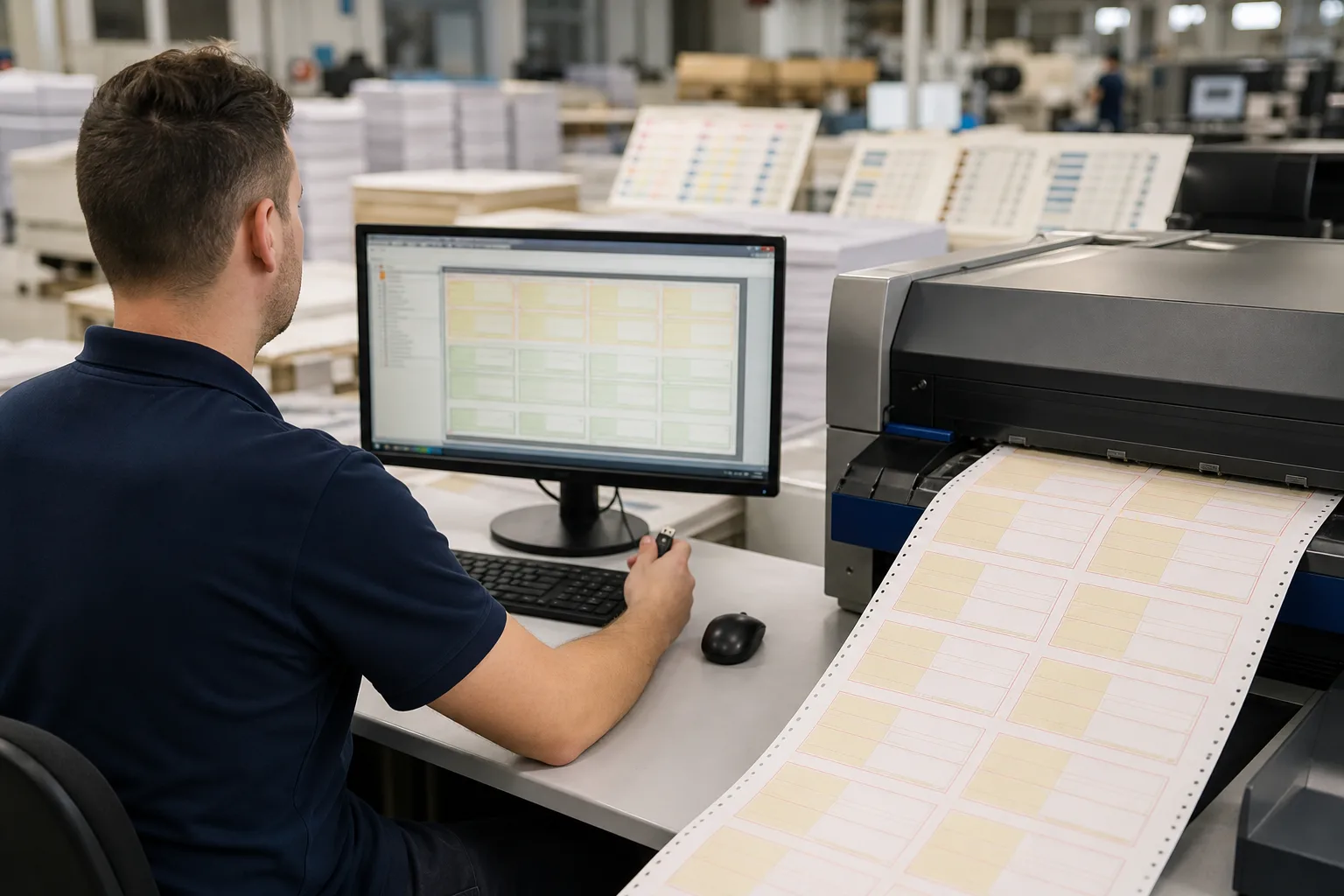 Nyomdai munkapultnál egy munkatárs pendrive-ról importált adatállományt ellenőriz a monitor előtt, miközben mellette digitális nyomtató adagolójából frissen nyomtatott, személyes adatok nélküli csekkívek érkeznek ki, a háttérben papírkötegek és minőségellenőrző mérőlapok látszanak.