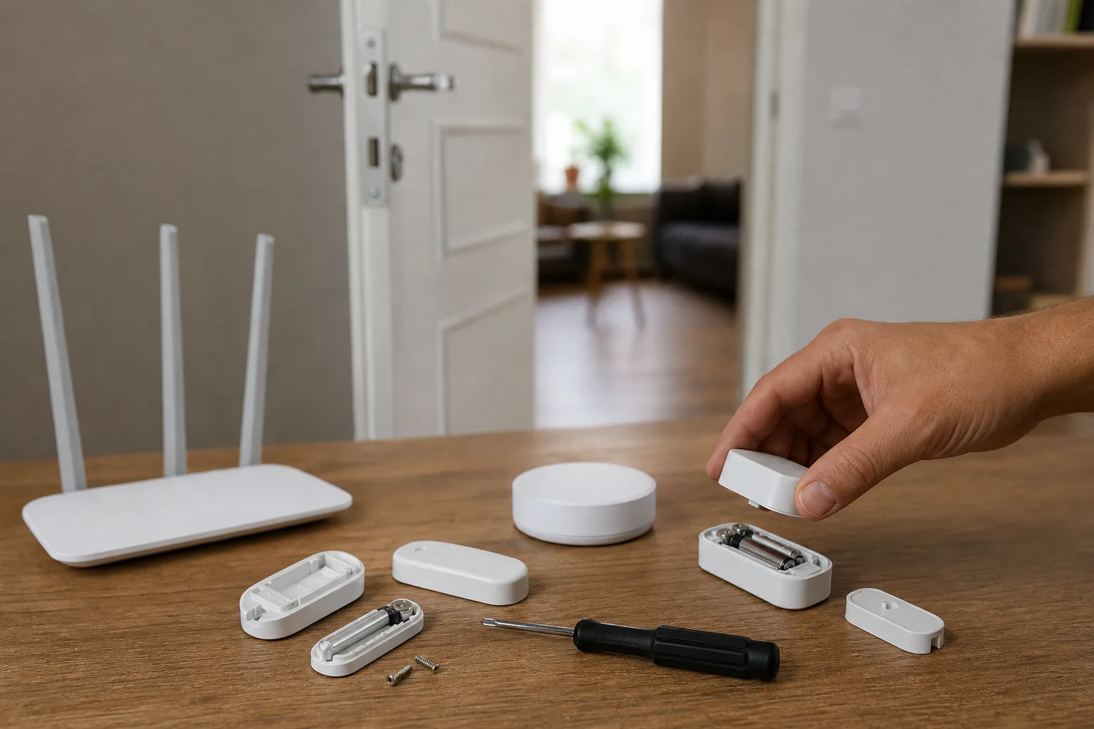 Konyhaasztalon két ajtónyitás-érzékelő szétszedve elemmel és csavarhúzóval; az egyik mellett antennás WiFi-router, a másik mellett kis kerek Zigbee-központ, a háttérben nyitott beltéri ajtó, egy kéz az egyik érzékelőt a tokhoz próbálja illeszteni.