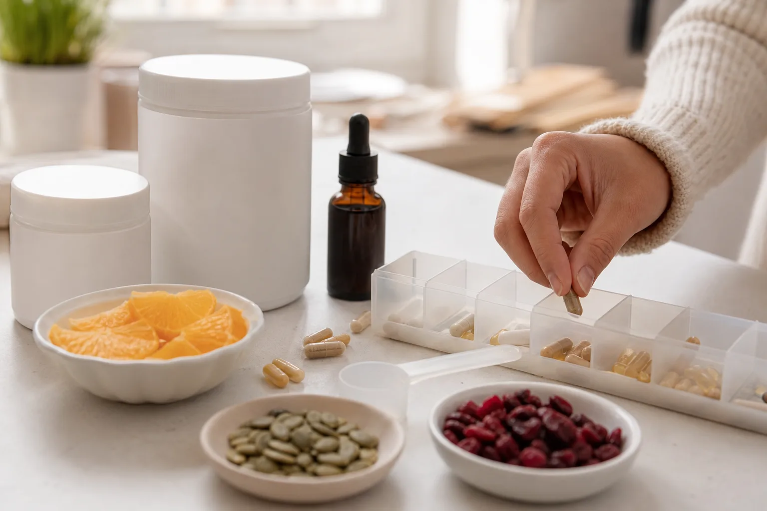 Világos pulton felirat nélküli nagy és kis tégely, kimért kapszulák, mérőkanál, cseppentős üveg és külön tálkákban C-vitaminos narancsgerezdek, magvak és szárított bogyók láthatók; egy kéz napi adag szerint kapszulákat rendez egy heti gyógyszeradagolóba.