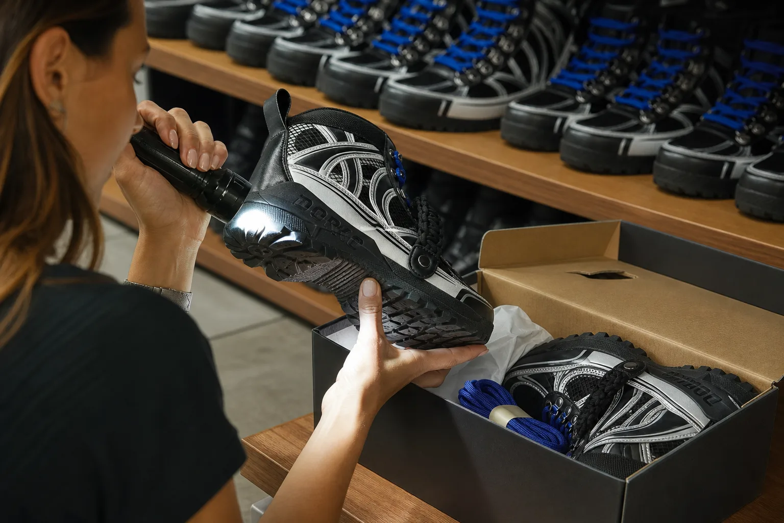 Outlet polc mellett egy vásárló erős kézi lámpával megvilágítva vizsgálja egy cipő talpának ragasztását és varrását, mellette nyitott cipősdoboz, tartalék fűző és több azonos modellű pár sorakozik különböző méretekben.