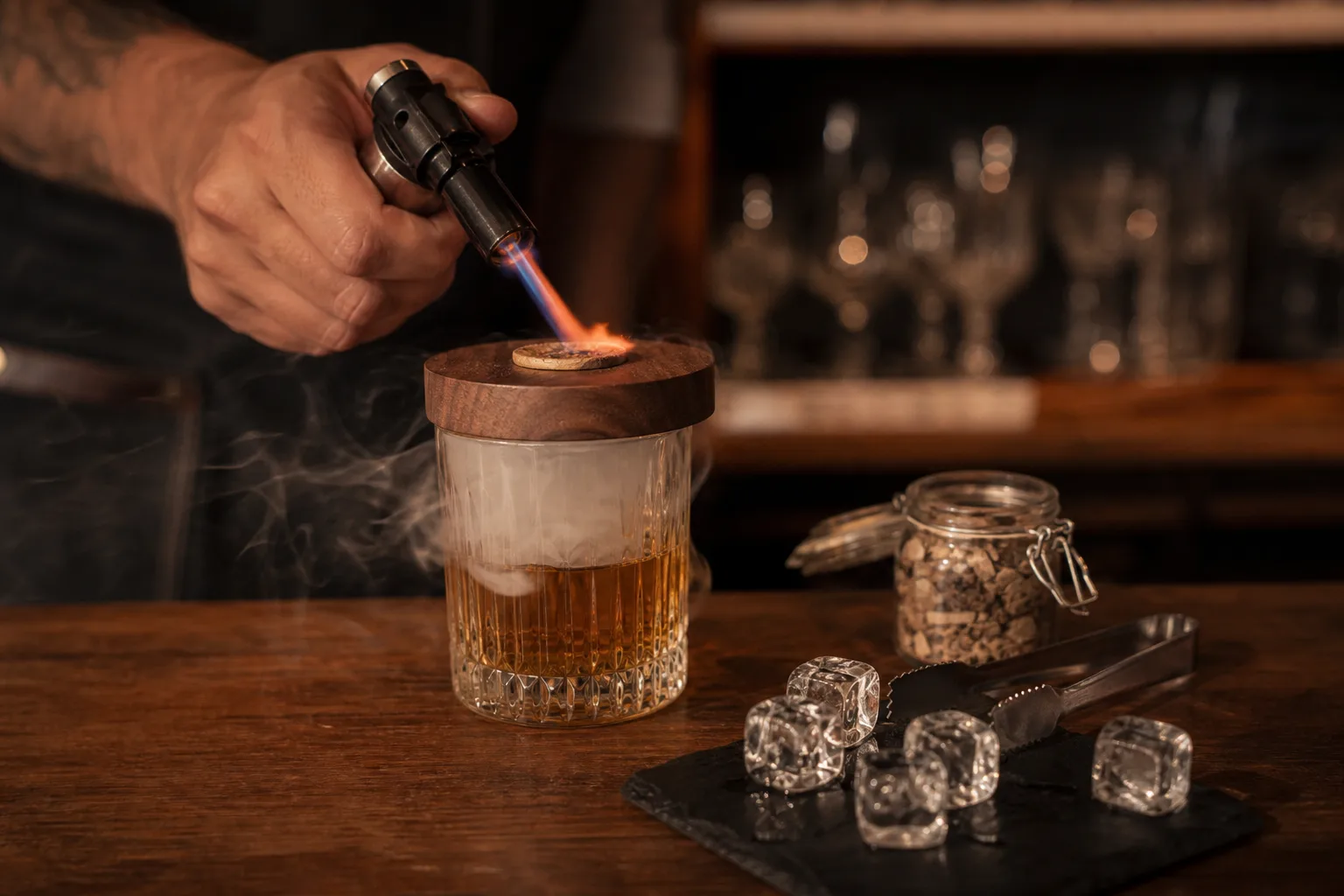 Félhomályos otthoni bárpulton egy kéz gázégővel meggyújtja a pohár tetején lévő füstölőfejben a faforgácsot, a sűrű füst lassan leereszkedik a borostyánszínű whiskey fölé; mellette jégkockák, csipesz és nyitott faforgácsos üvegcse látszik, a háttérben elmosódott polcon üvegpoharak állnak.