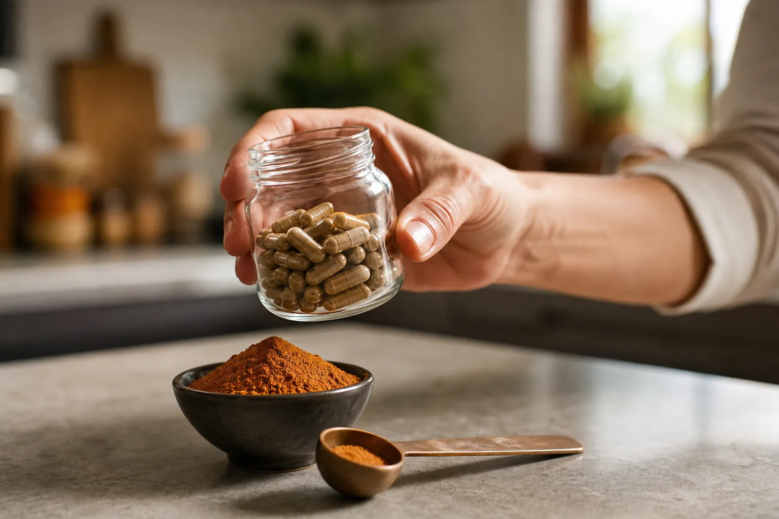 Konyhapulton egy nyitott, címke nélküli üvegben cordyceps kapszulák, mellette kis tálkában narancsbarna gombapor és egy mérőkanál; egy kéz a kapszulás üveget emeli fel, miközben a por és a kanál az előtérben marad.