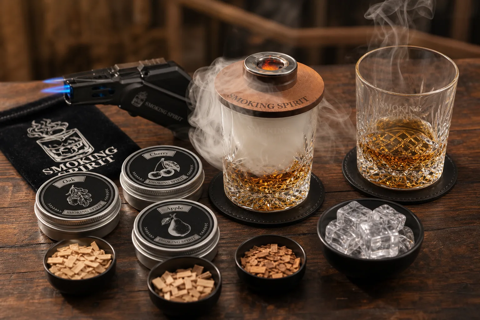 Közeli makrójelenet egy whiskeyspohárról, amely mellett külön tálkákban cseresznye-, tölgy- és almafaforgács, valamint jégkockák és egy kis lánggal izzó füstölőfej látható; a füst sűrű rétegben áramlik az egyik pohár fölött, míg egy másik pohár mellett csak halvány füstcsík marad.