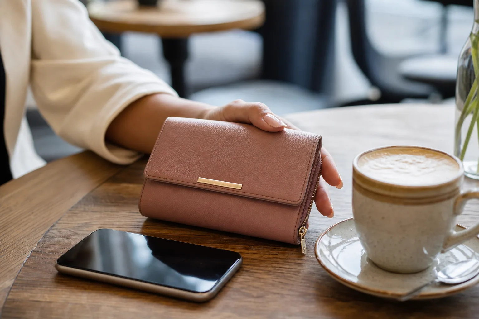 női kéz elegáns pénztárcát tart, divatos kávézó asztalon, mellette mobiltelefon és kávéscsésze