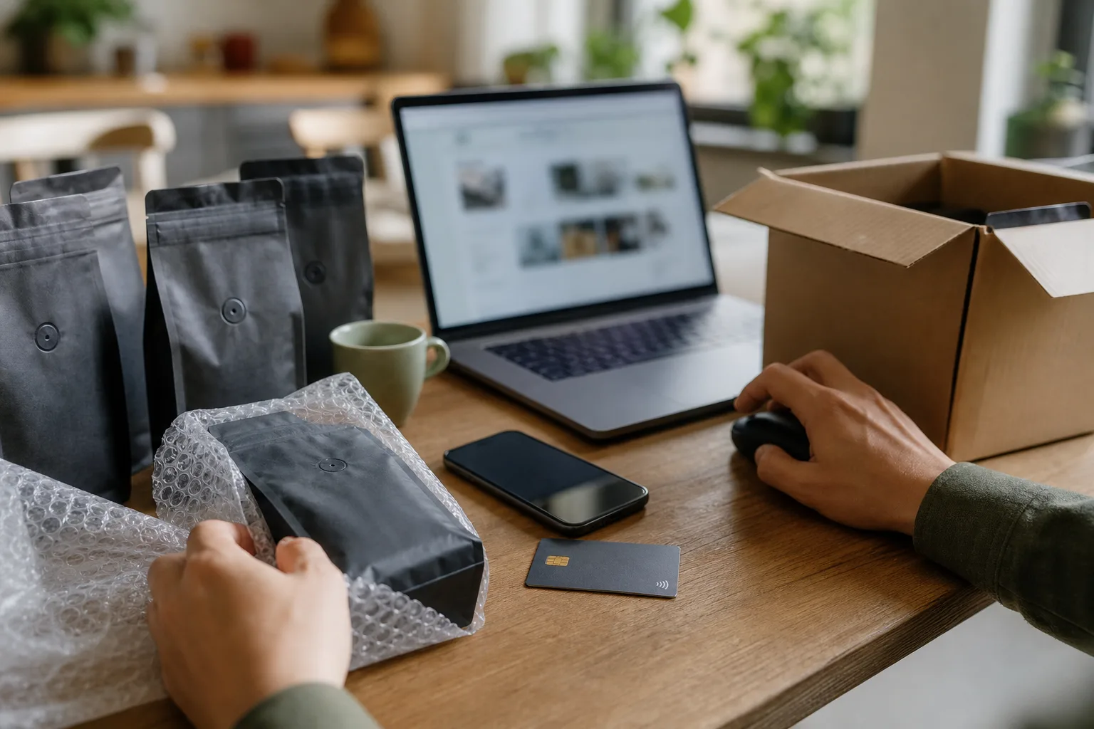 Otthoni étkezőasztalon nyitott laptop elmosott, olvashatatlan képernyővel, mellette bankkártya, telefon, jelöletlen kávés tasakok és egy félig megtöltött kartondoboz; egy felnőtt kéz egeret kattint, a másik kéz buborékfóliába csomagol egy kávés csomagot.