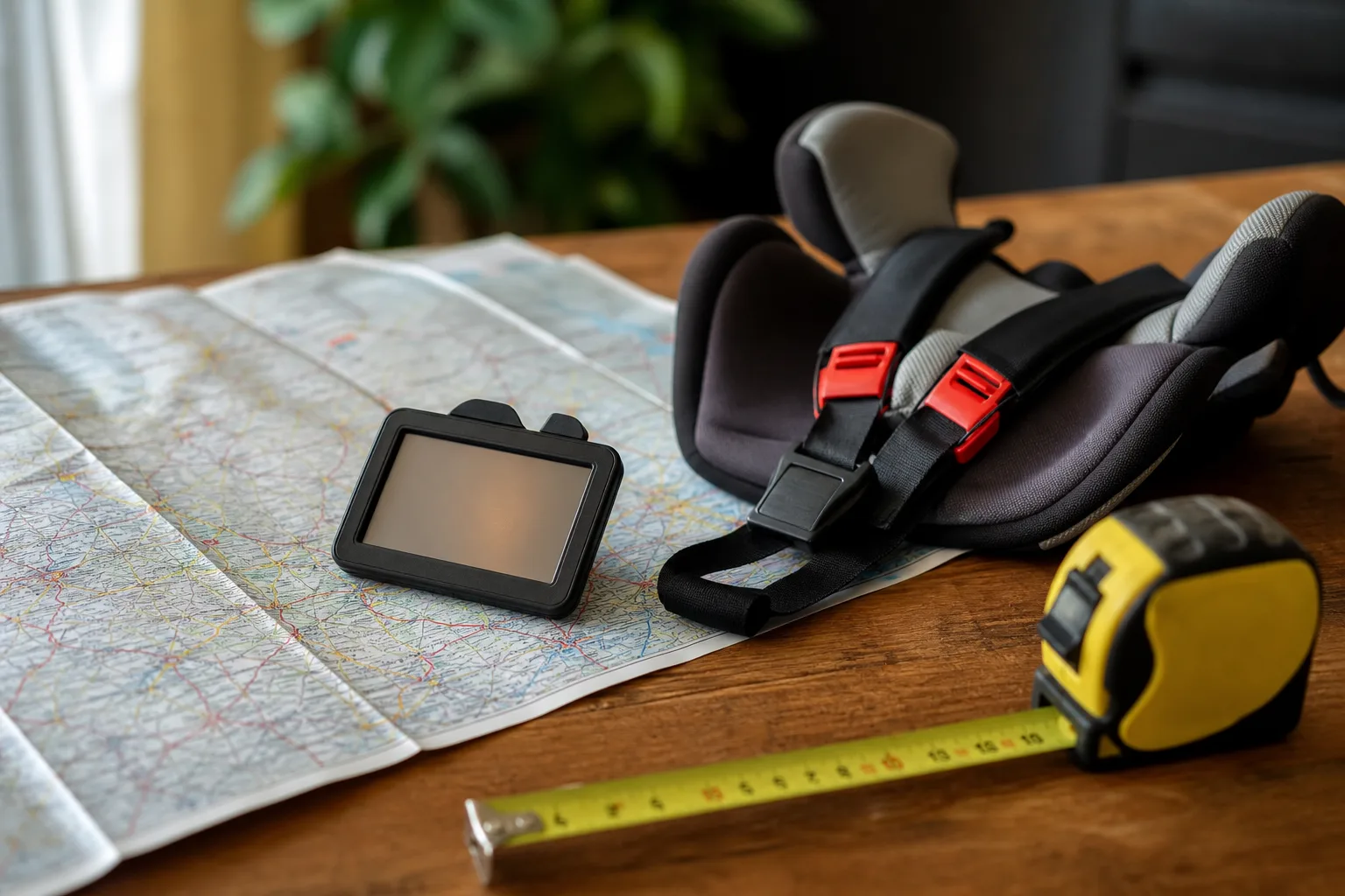 Egy asztalon elhelyezett autós kiegészítők, mint például egy térkép, egy GPS, és egy gyermekbiztonsági öv, mellettük egy mérőszalag, amely a méreteket mutatja.
