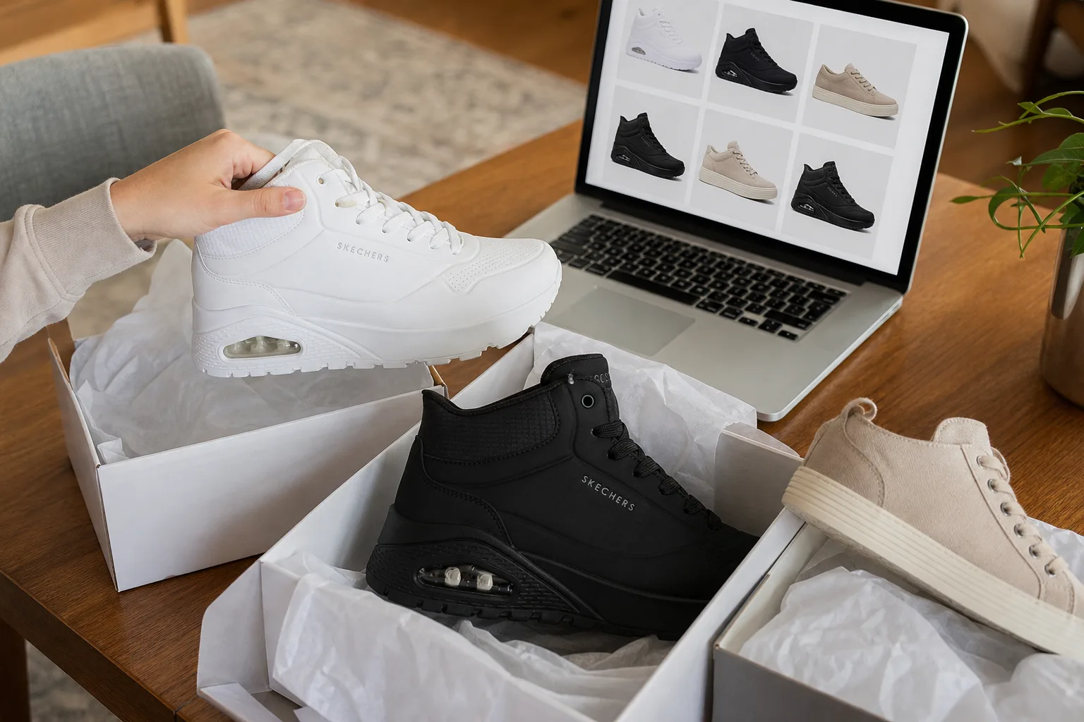 Egy nappali faasztalán nyitott cipősdobozokban fehér bőr sneaker, fekete bokacsizma és bézs vászoncipő látható; mellettük laptopon csak cipőfotókból álló termékrács jelenik meg olvasható szöveg nélkül, miközben egy kéz a fehér sneakert emeli ki a dobozból.