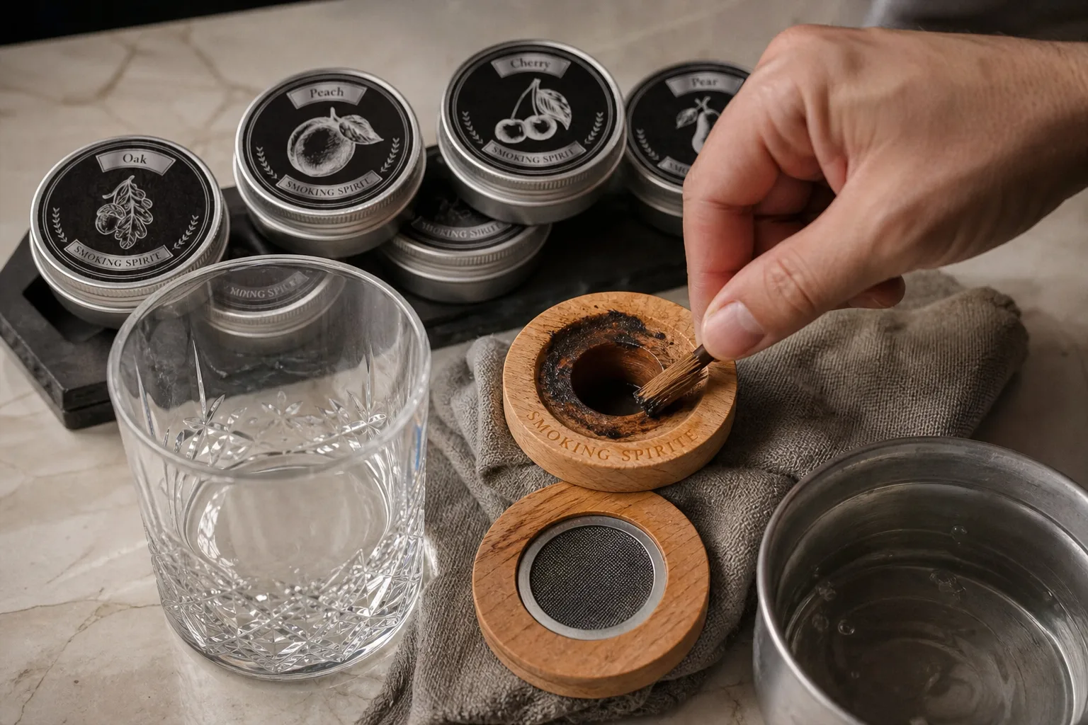 Konyhapulton álló whiskeyspohár mellett egy szétszedett fa whiskey füstölő, apró drótkefe, puha rongy és kis tálka meleg víz; egy kéz a füstölő pereméről finoman lesöpri a sötét koromréteget, miközben a pohár üresen, tisztán vár mellette.