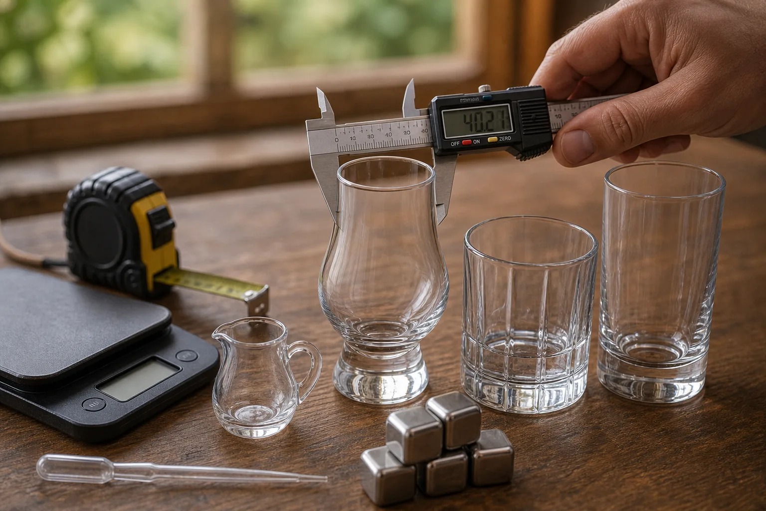 Konyhai mérleggel és mérőszalaggal berendezett asztalon egy üres tulipánpohár, egy vastag falú tumbler és egy highball pohár látható; egy kéz tolómérővel a pohár peremének átmérőjét méri, mellette pipetta, jégkocka és kis üvegkancsó sorakozik.
