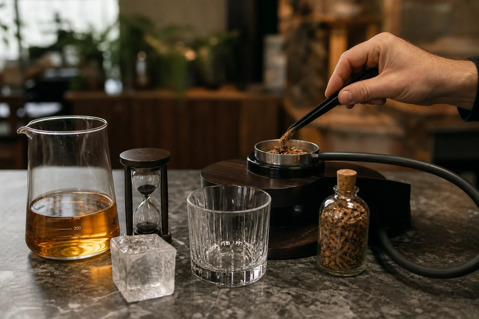Konyhaszigeten elrendezett füstölt whiskey készítés eszközei látszanak: mérőpohárban kimért ital, homokóra, nagy jégkocka, alacsony talpas pohár, kis üvegben tölgyfaforgács; egy kéz csipesszel forgácsot adagol a füstölő fejébe.