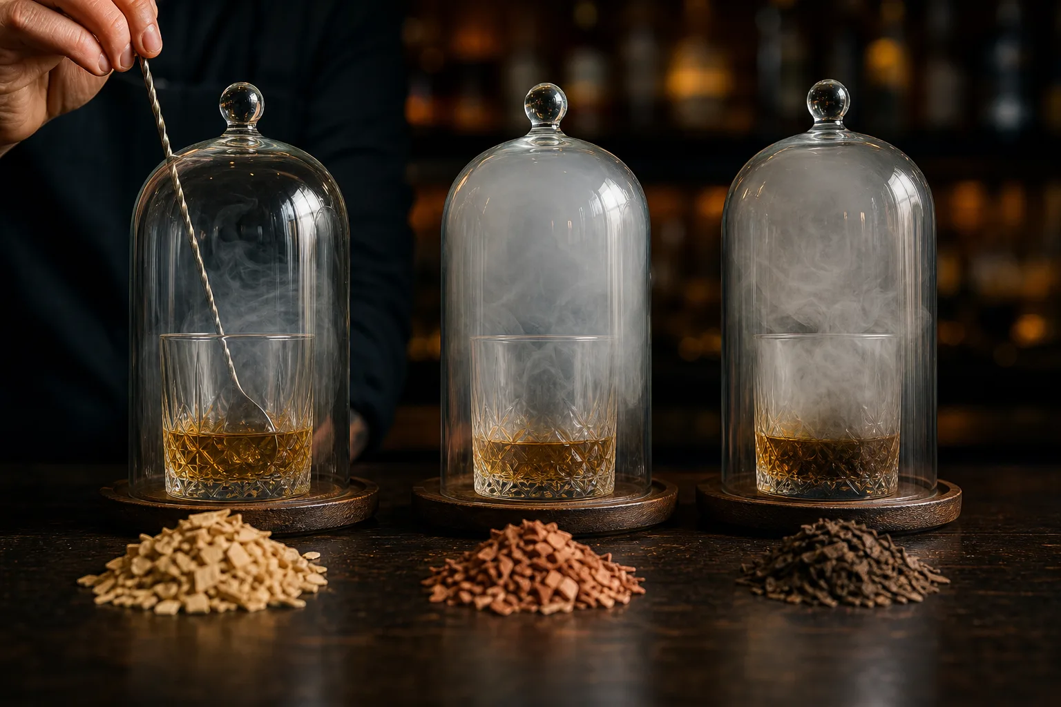 Sötét bárpulton három whiskys pohár egymás mellett, mindegyik fölött külön üvegbúra alatt eltérő sűrűségű füst gomolyog; előttük kis kupacokban világos gyümölcsfa-, vöröses cseresznye- és sötétebb tölgyfaapríték, a fotós pillanatban egy bárkanál óvatosan megkeveri az egyik italt.