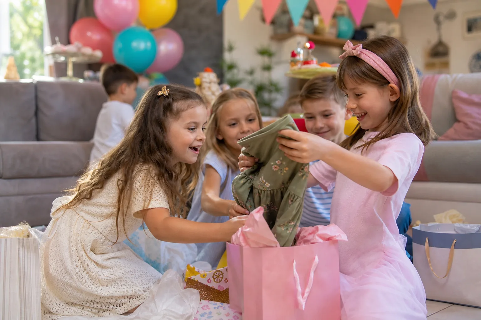 gyerek születésnapi buli, színes dekorációk, nevető gyerekek bontogatnak ajándékokat
