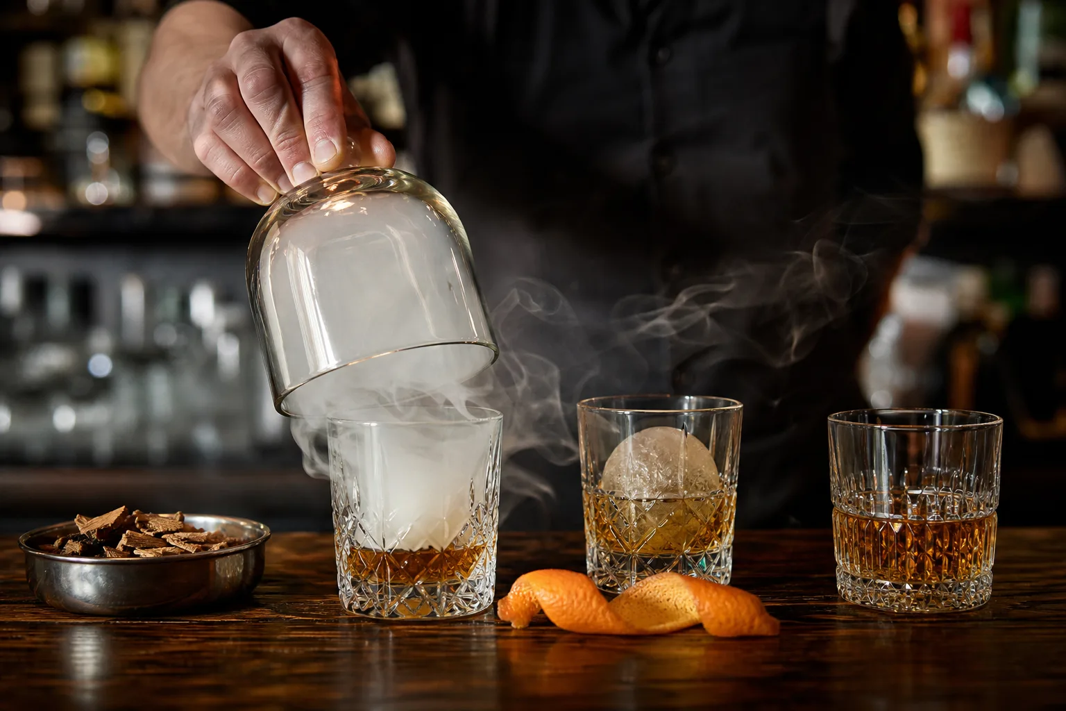 Sötét fa bárpulton három különböző whiskeyspohár áll egymás mellett: az egyik fölött üvegbúra alatt sűrű füst kavarog, mellette narancshéj, jéggömb és egy kis tölgyfaforgáccsal töltött fém tálka; egy kéz éppen leemeli a búrát az első pohárról.